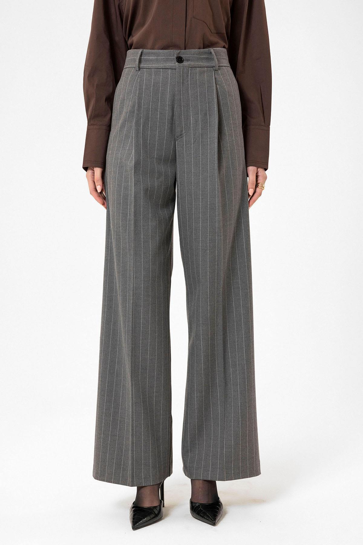 Antioch Gri Kadın Yüksek Bel Pileli Çizgili Pantolon