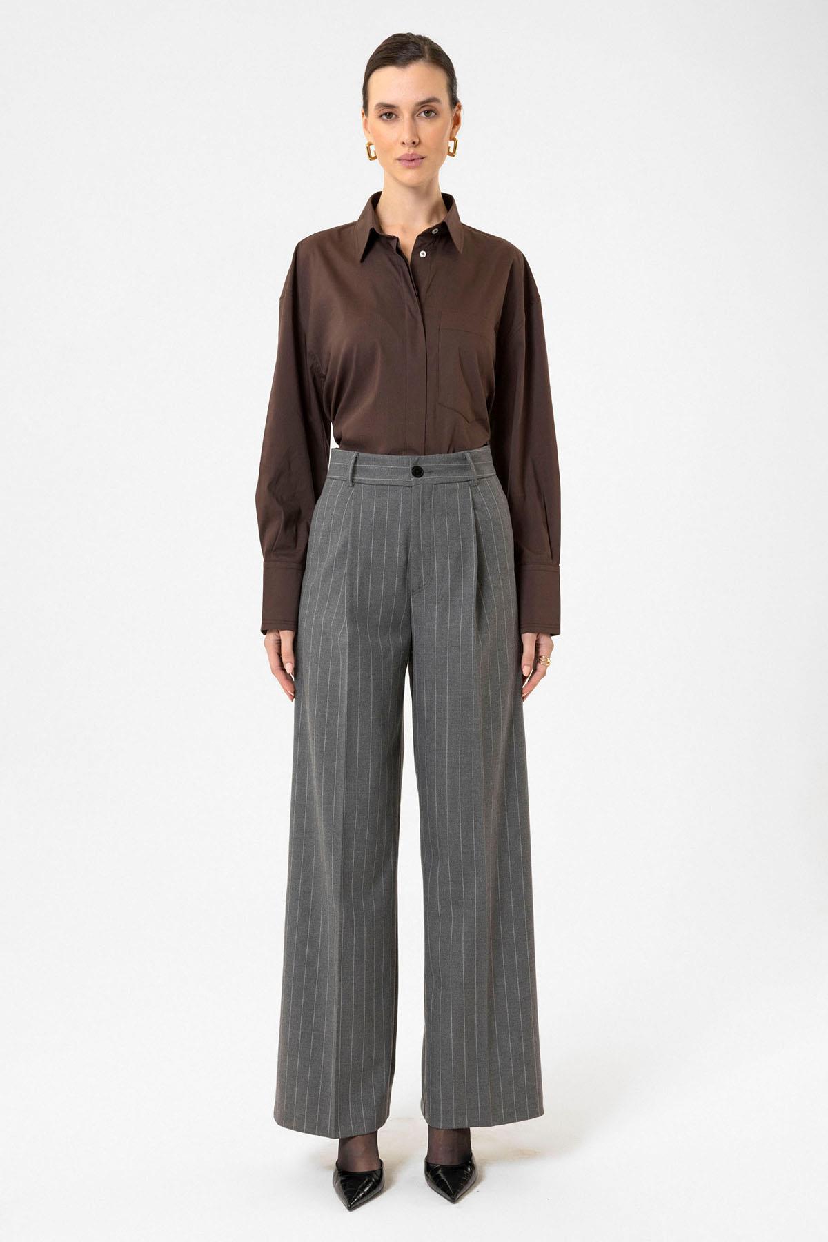 Antioch Gri Kadın Yüksek Bel Pileli Çizgili Pantolon