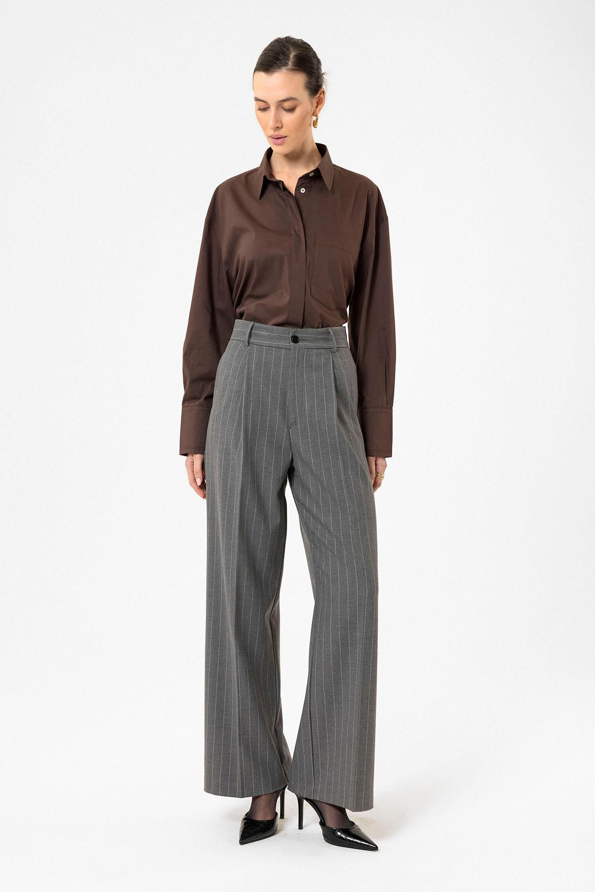 Antioch Gri Kadın Yüksek Bel Pileli Çizgili Pantolon