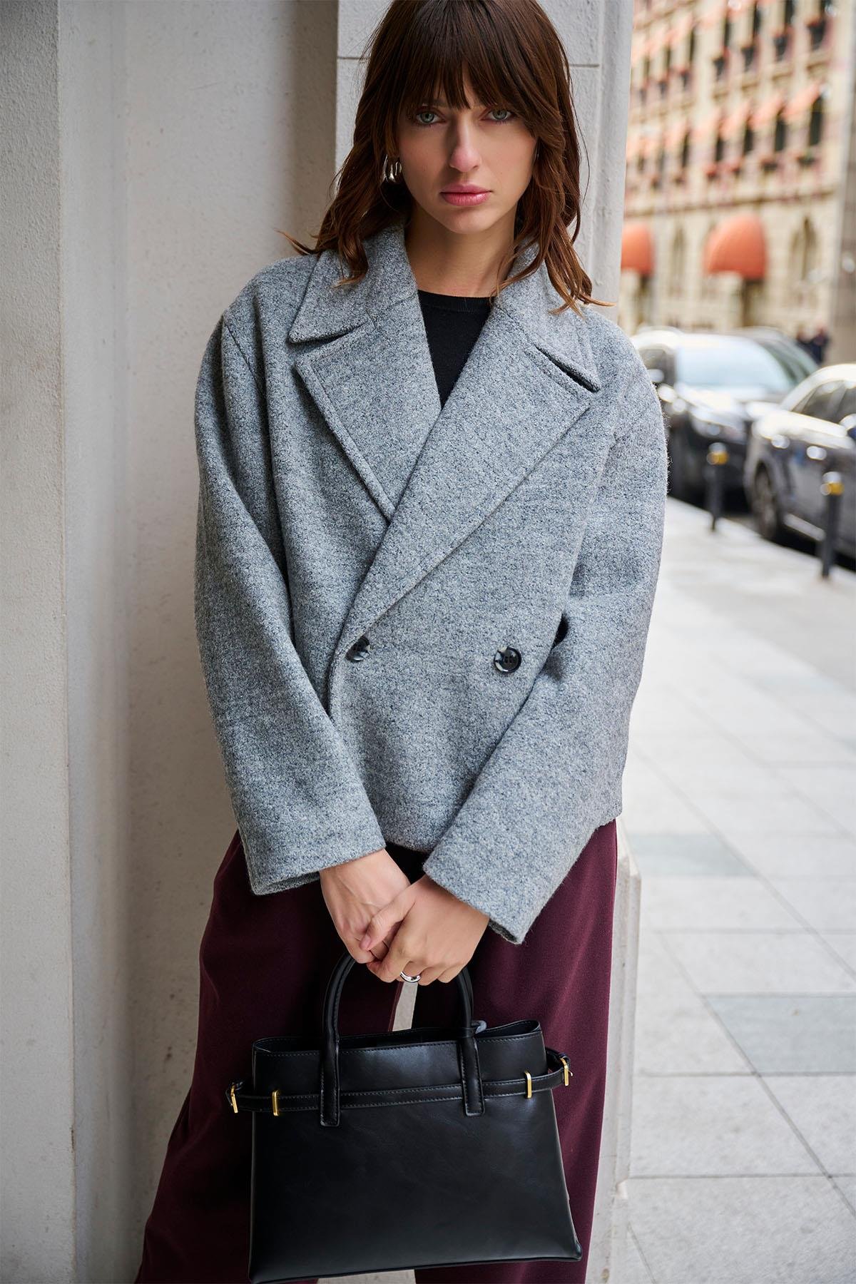 Antioch Gri Kadın Yün Karışımlı Kruvaze Kapama Mont