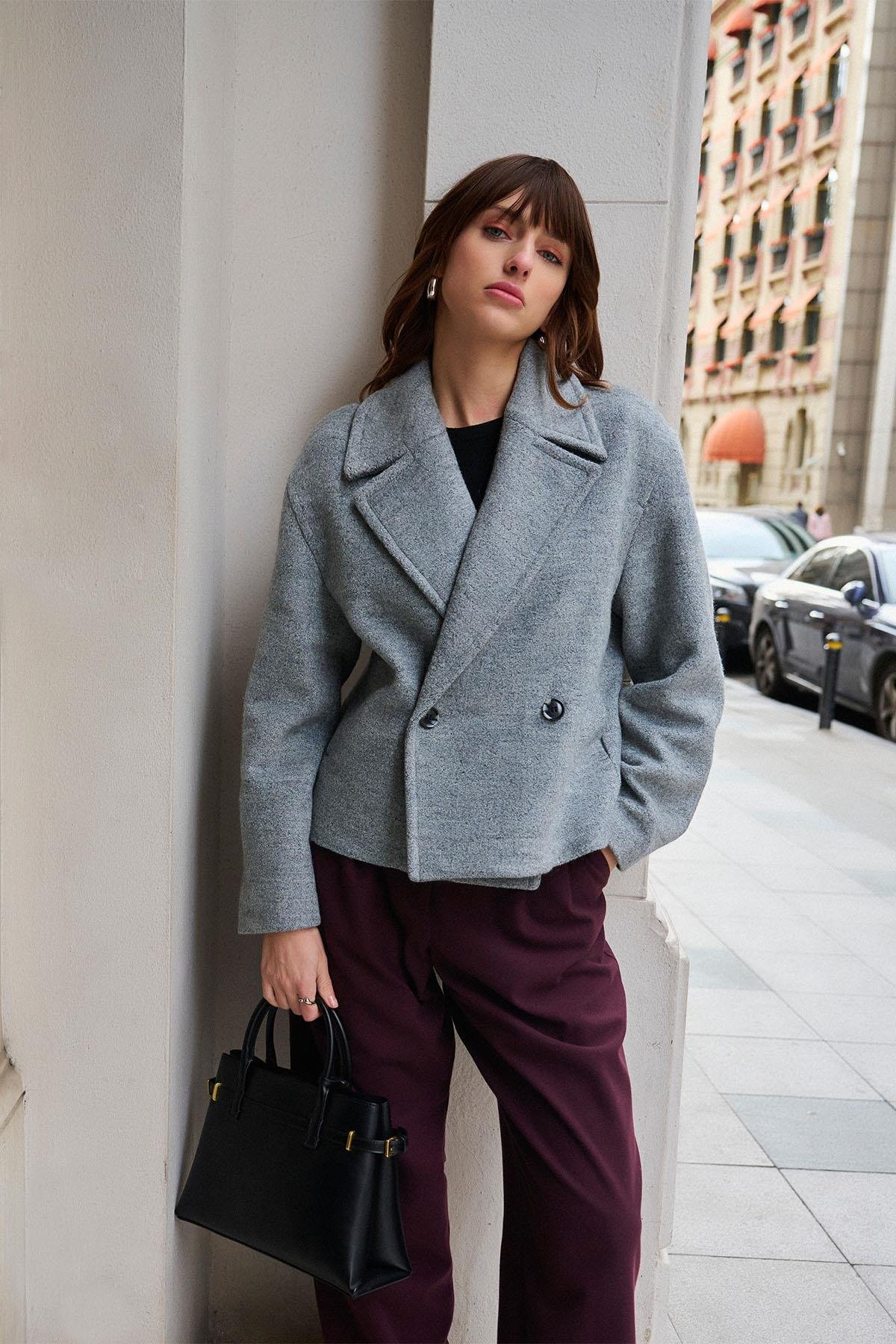 Antioch Gri Kadın Yün Karışımlı Kruvaze Kapama Mont