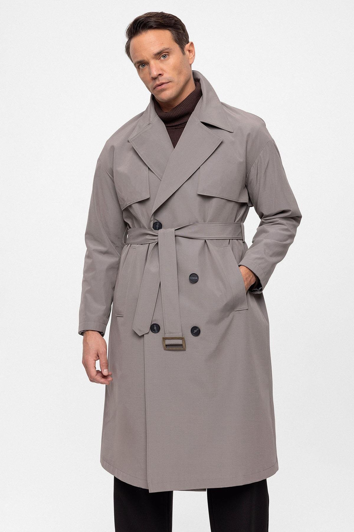 Antioch Gri Kruvaze Kapama Kemerli Trençkot