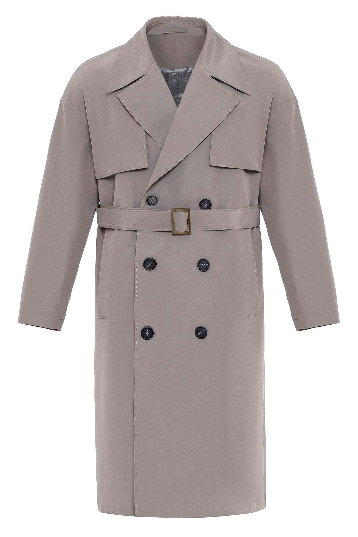 Antioch Gri Kruvaze Kapama Kemerli Trençkot