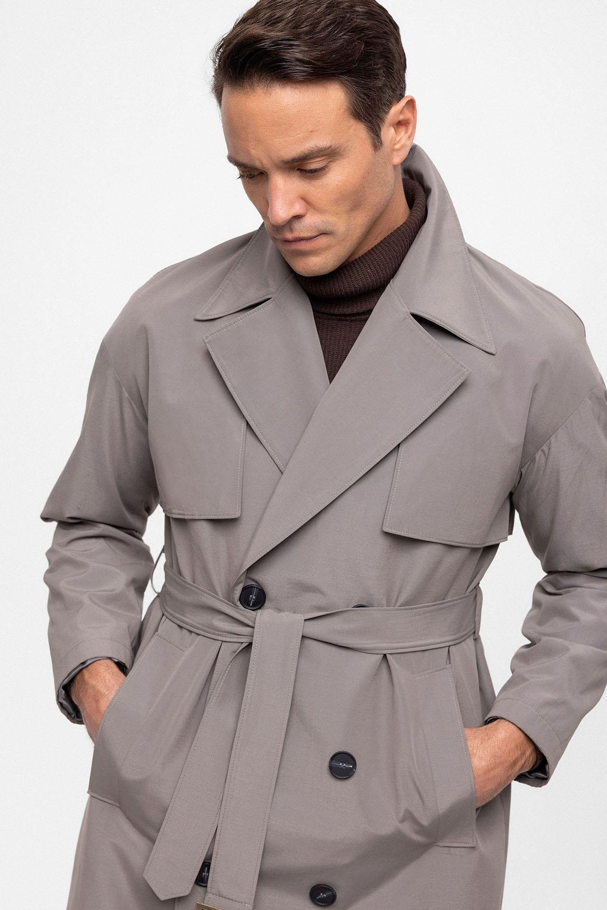 Antioch Gri Kruvaze Kapama Kemerli Trençkot