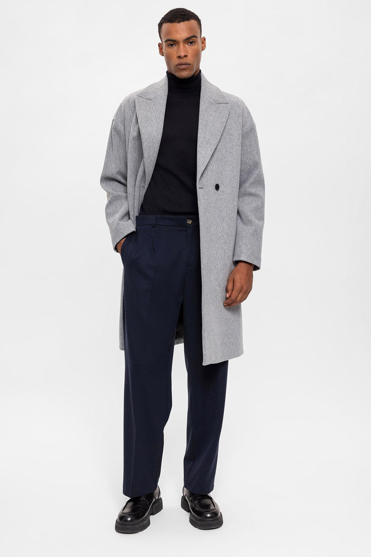 Antioch Gri Oversize Kruvaze Erkek Kaban