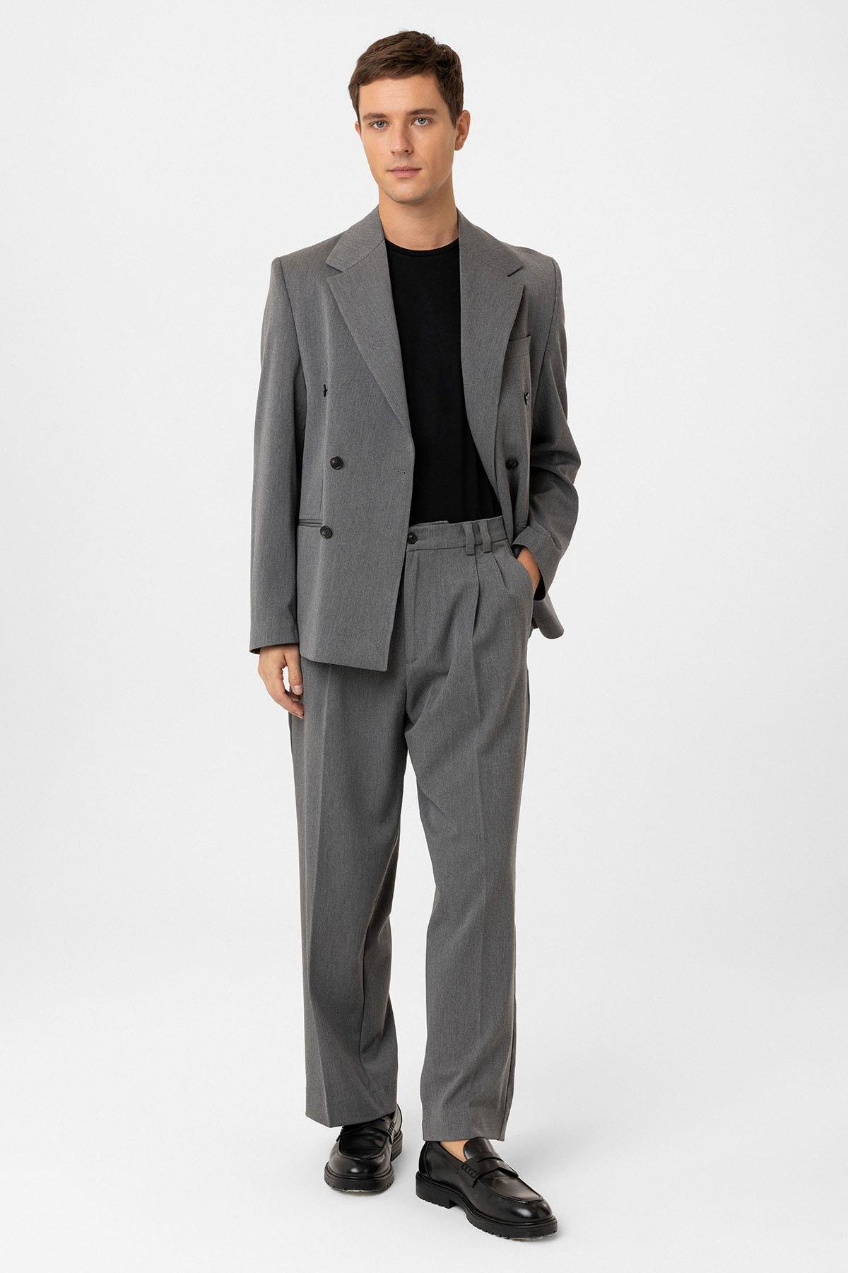 Antioch Gri Relax Fit Kruvaze Erkek Blazer Ceket