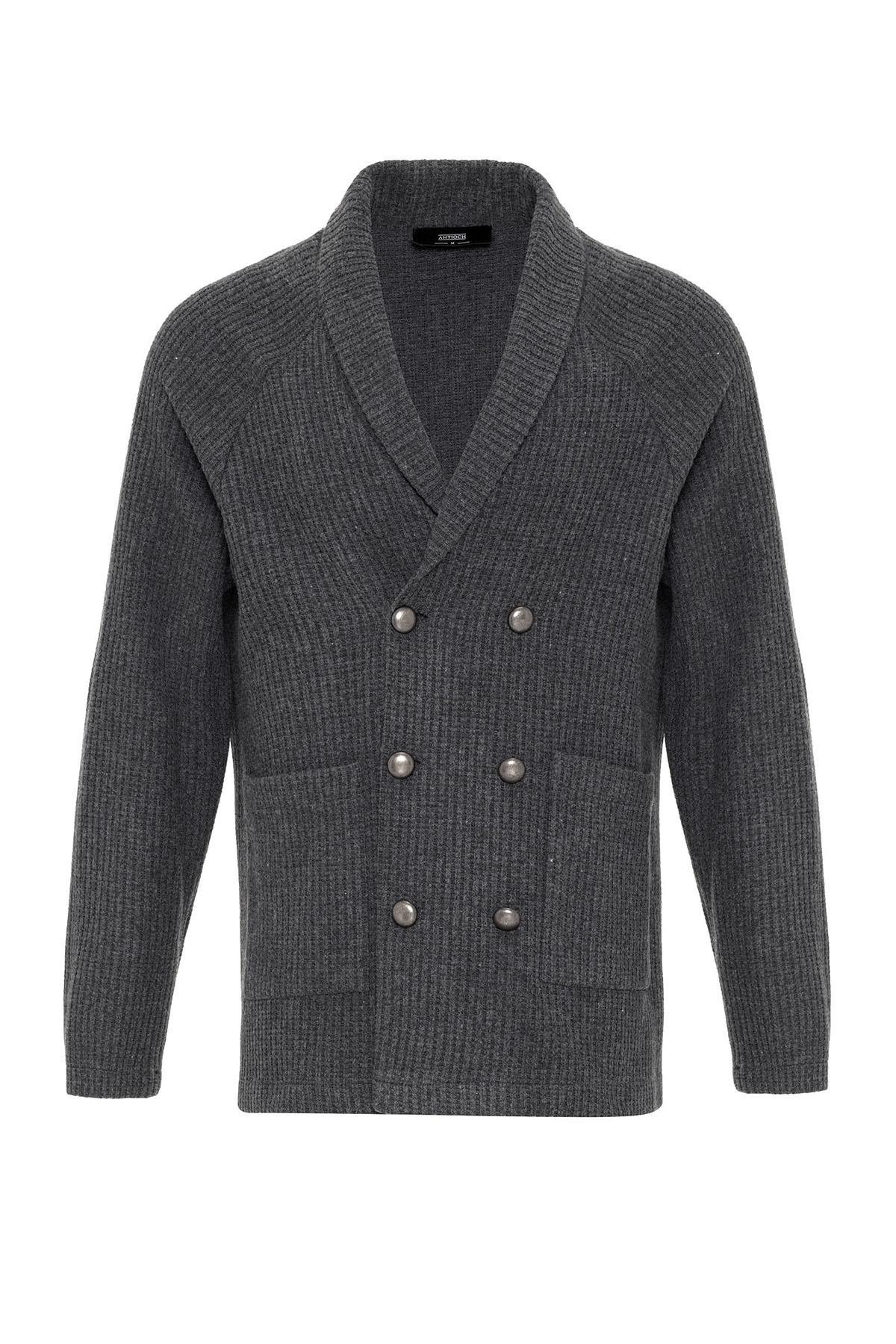 Antioch Gri Şal Yaka Kruvaze Kapama Erkek Hırka