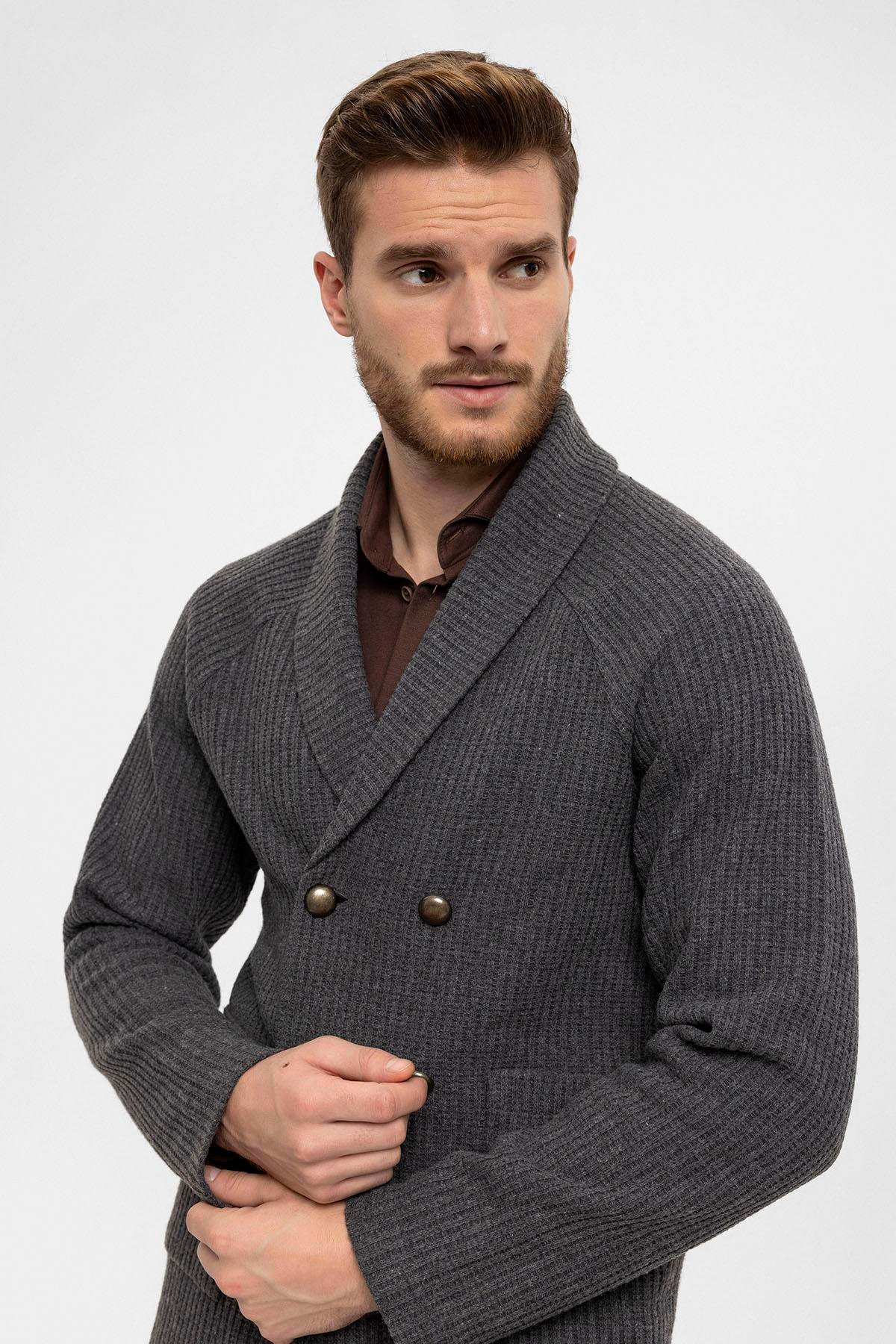 Antioch Gri Şal Yaka Kruvaze Kapama Erkek Hırka