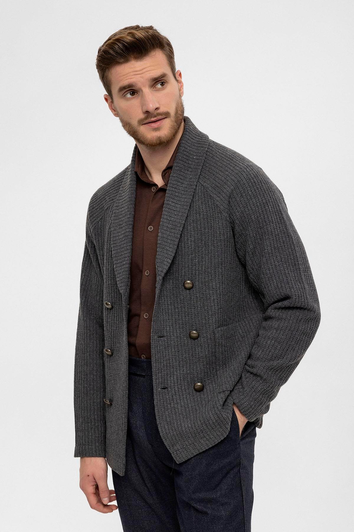 Antioch Gri Şal Yaka Kruvaze Kapama Erkek Hırka