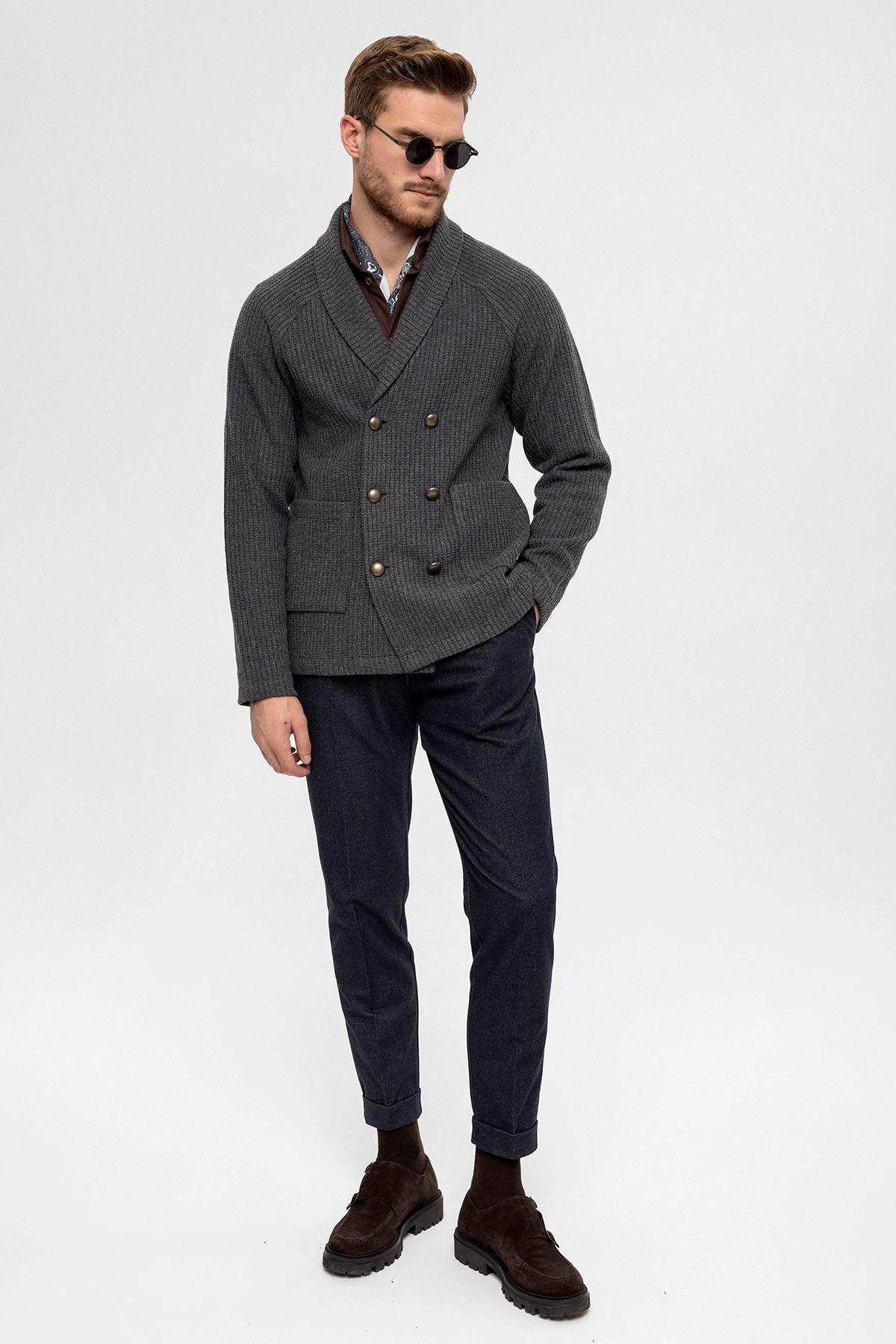 Antioch Gri Şal Yaka Kruvaze Kapama Erkek Hırka