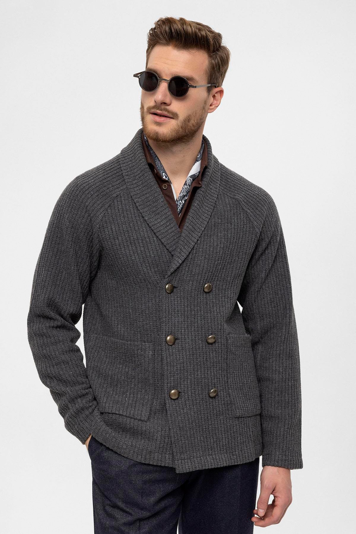 Antioch Gri Şal Yaka Kruvaze Kapama Erkek Hırka