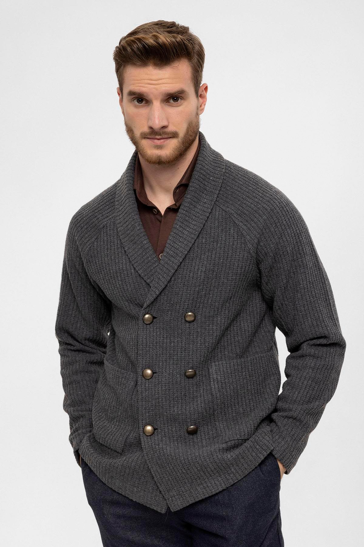 Antioch Gri Şal Yaka Kruvaze Kapama Erkek Hırka