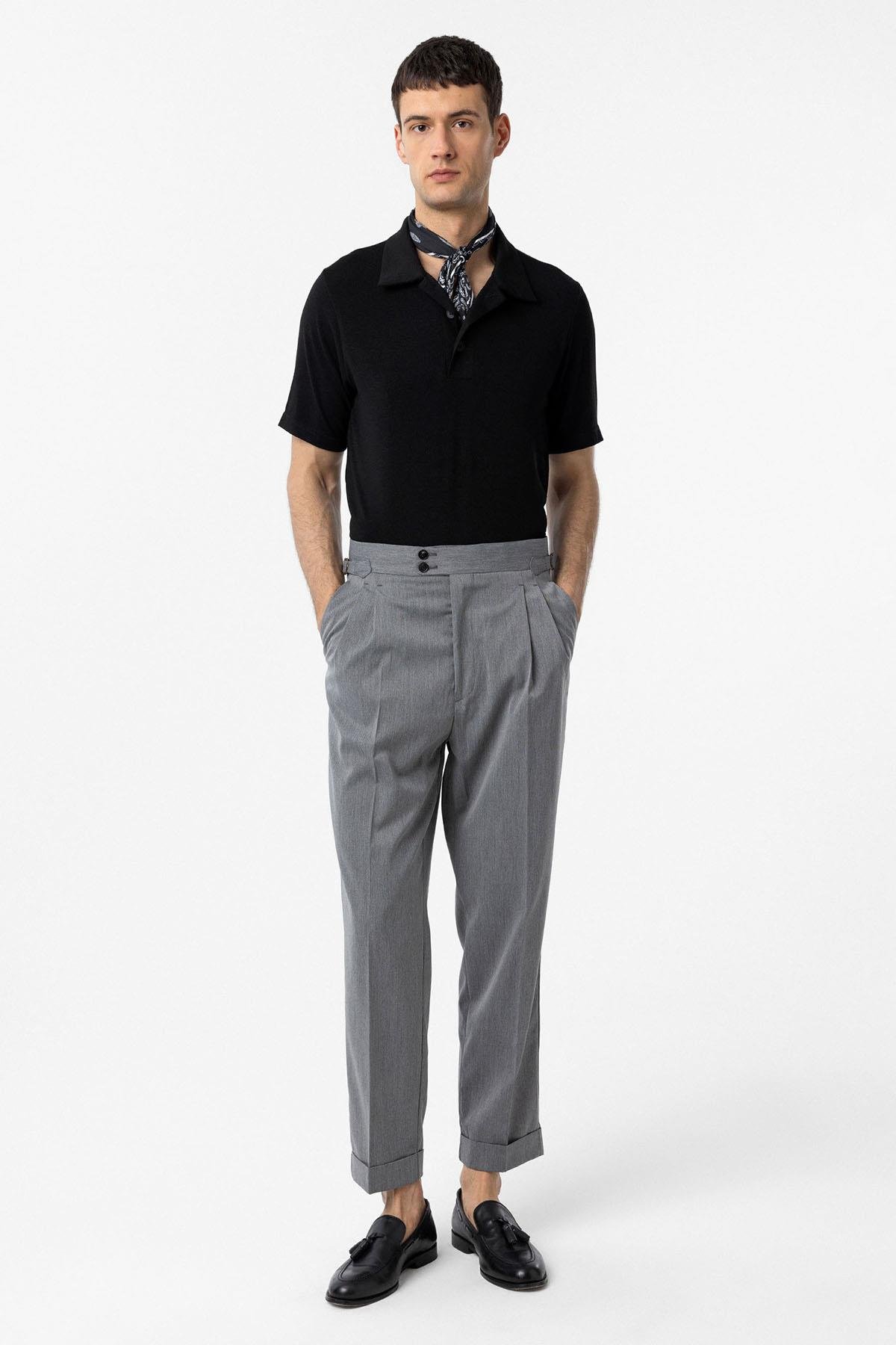 Antioch Gri Yüksek Bel İtalyan Kalıp Pileli Erkek Pantolon