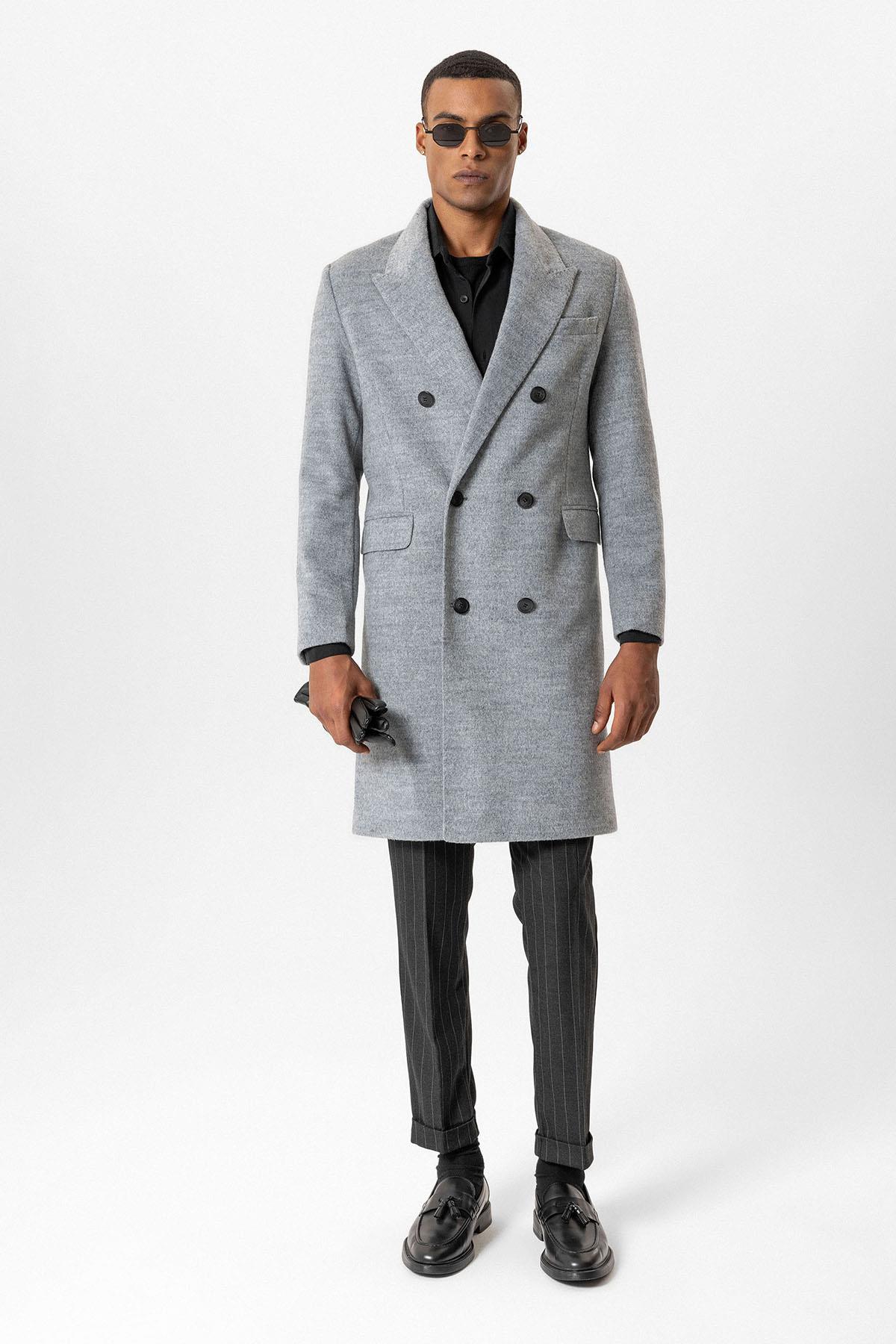 Antioch Gri Yün Karışımlı Kruvaze Erkek Kaban