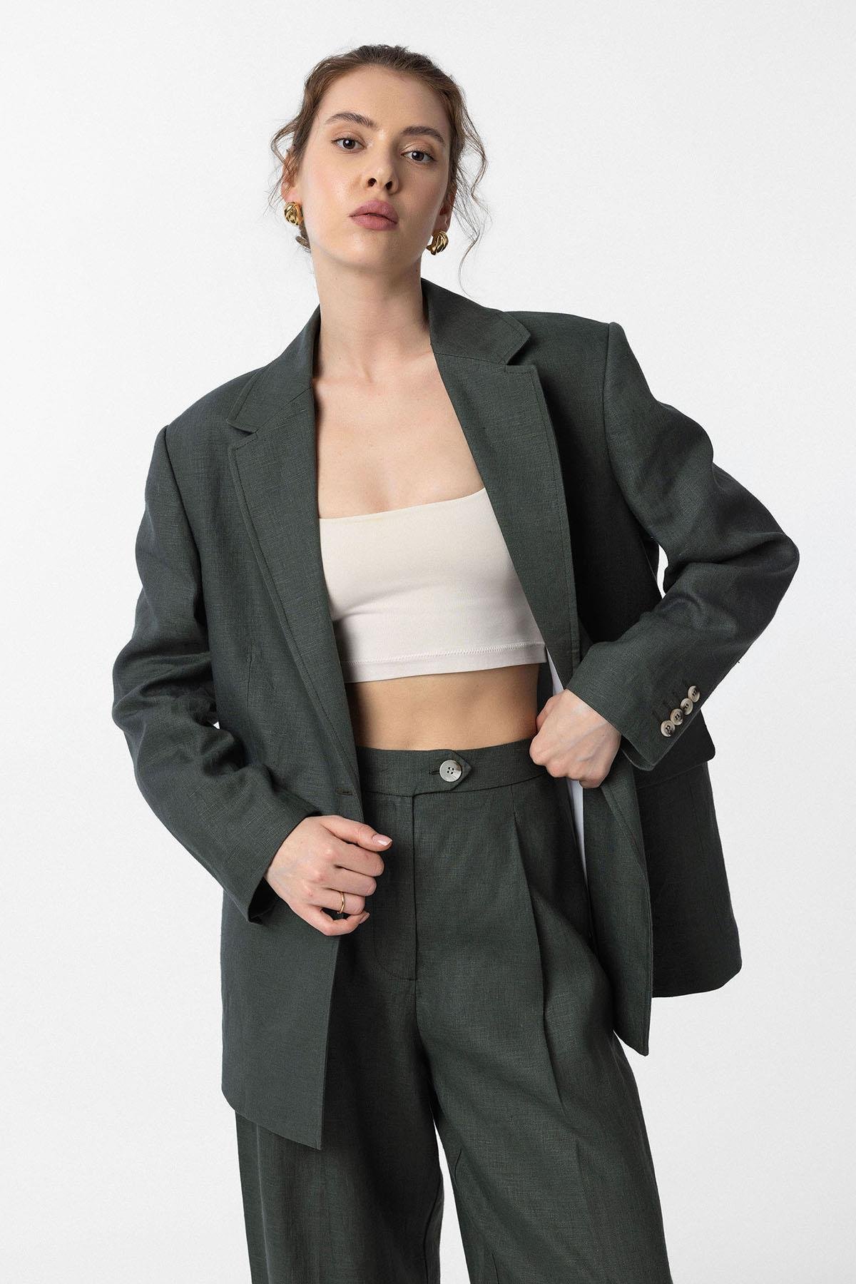 Antioch Haki 100% Keten Kadın Blazer Ceket