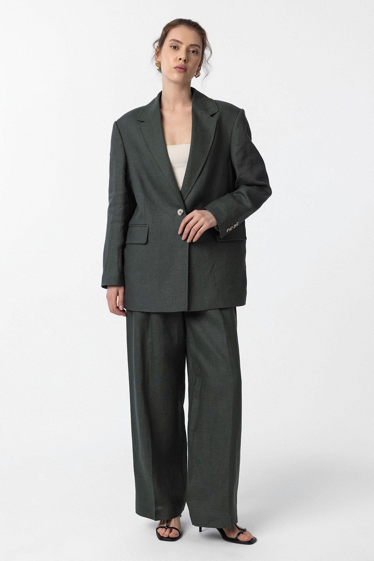 Antioch Haki 100% Keten Kadın Blazer Ceket