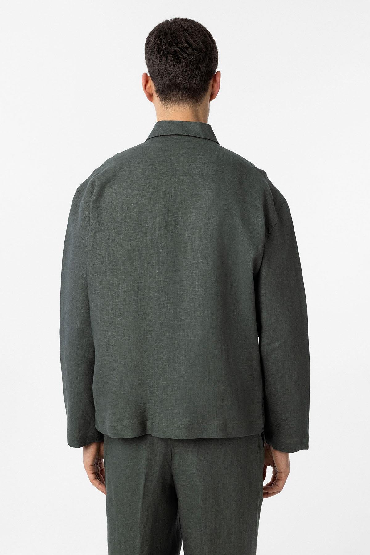 Antioch Haki 100% Keten Relax Fit Erkek İnce Ceket