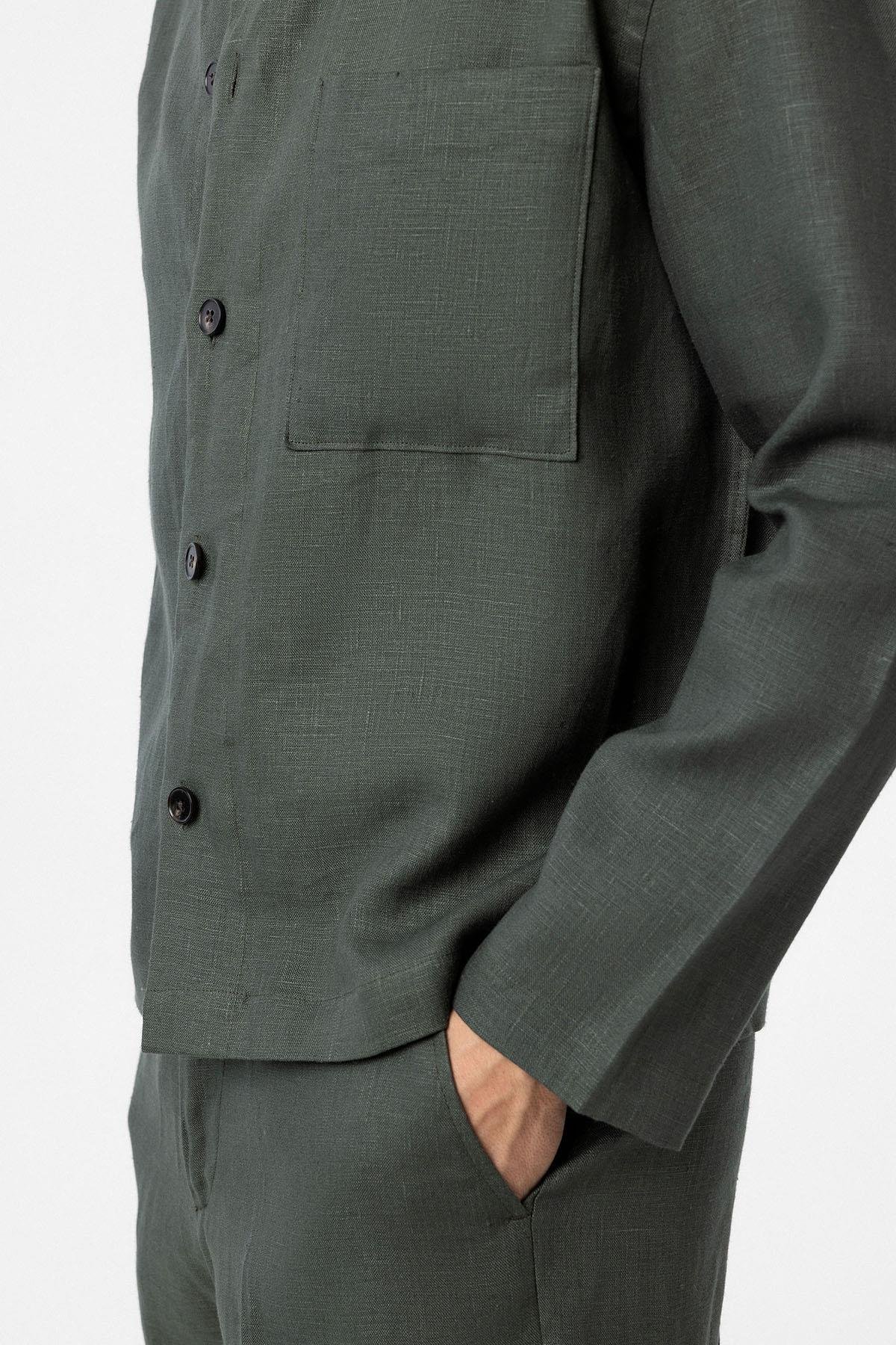 Antioch Haki 100% Keten Relax Fit Erkek İnce Ceket