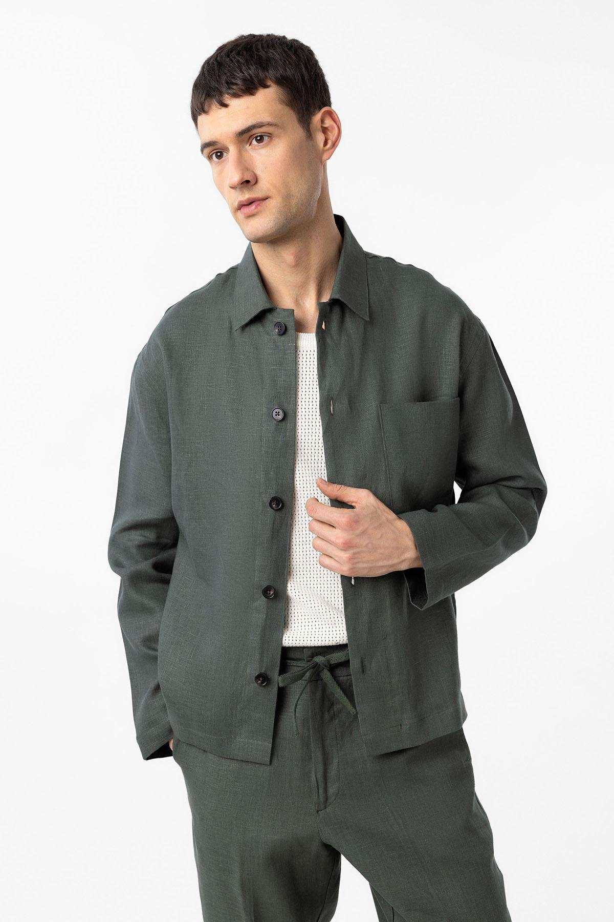 Antioch Haki 100% Keten Relax Fit Erkek İnce Ceket