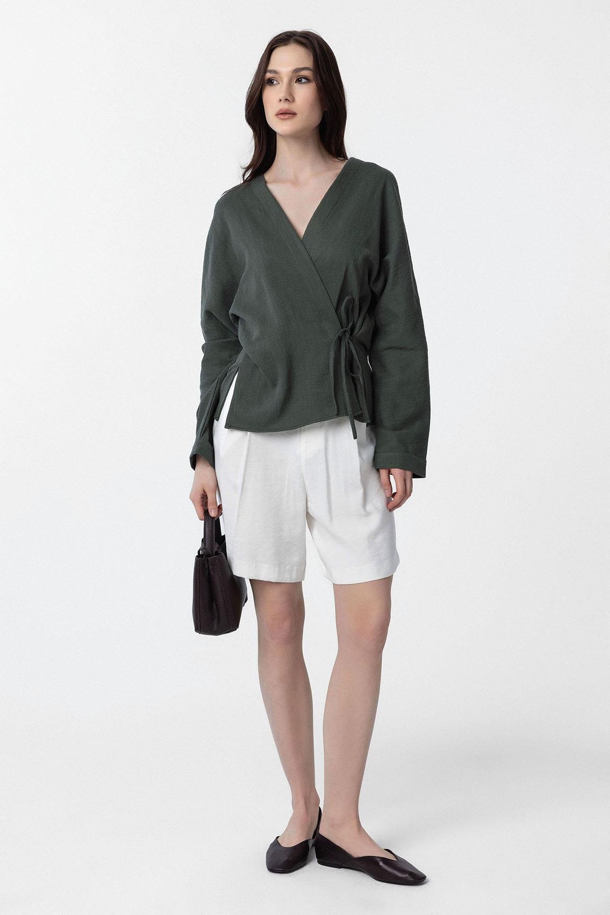 Antioch Haki Bağlamalı Kimono Kadın Gömlek