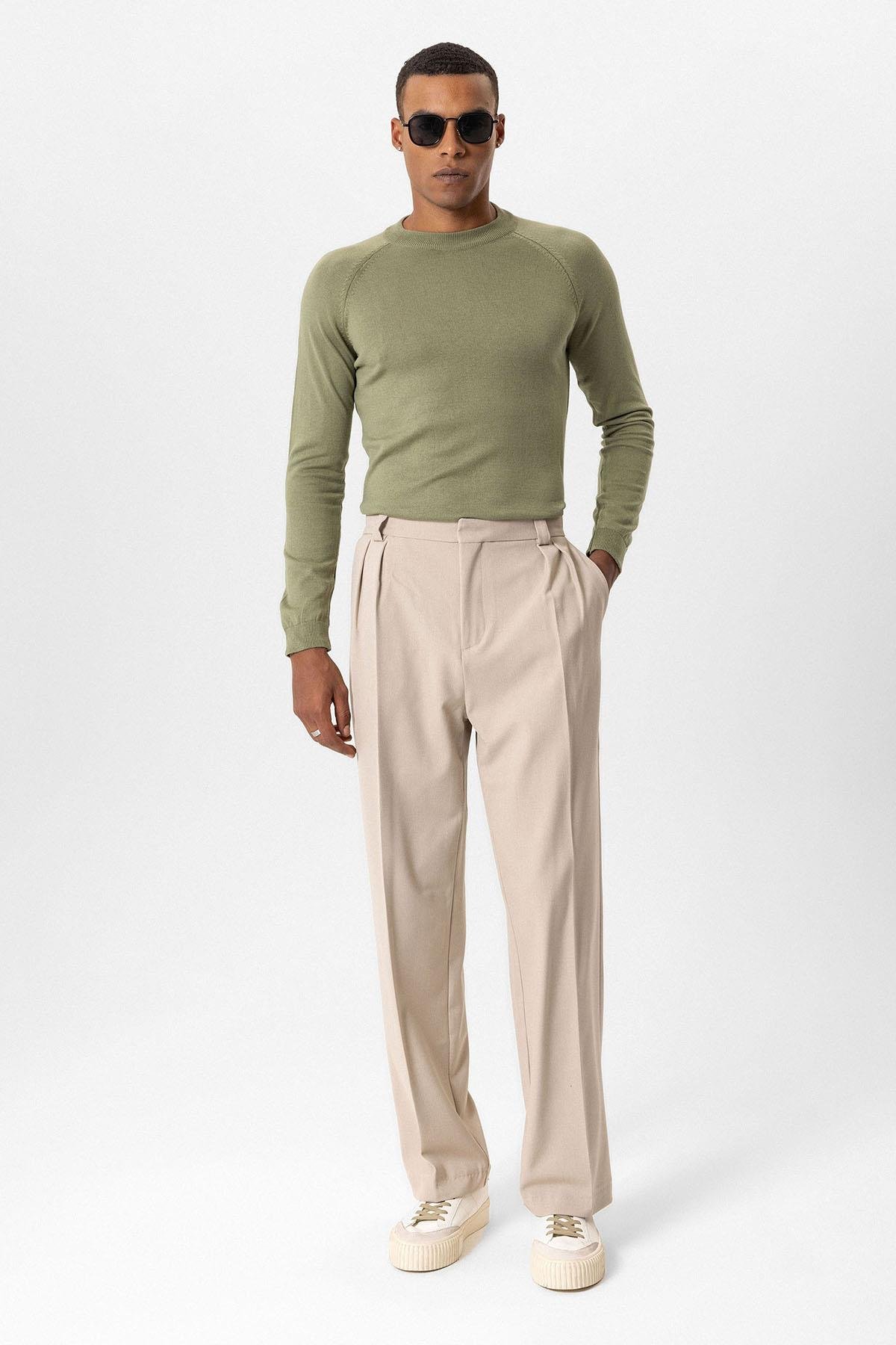 Antioch Haki Bisiklet Yaka Slim Fit Triko Kazak