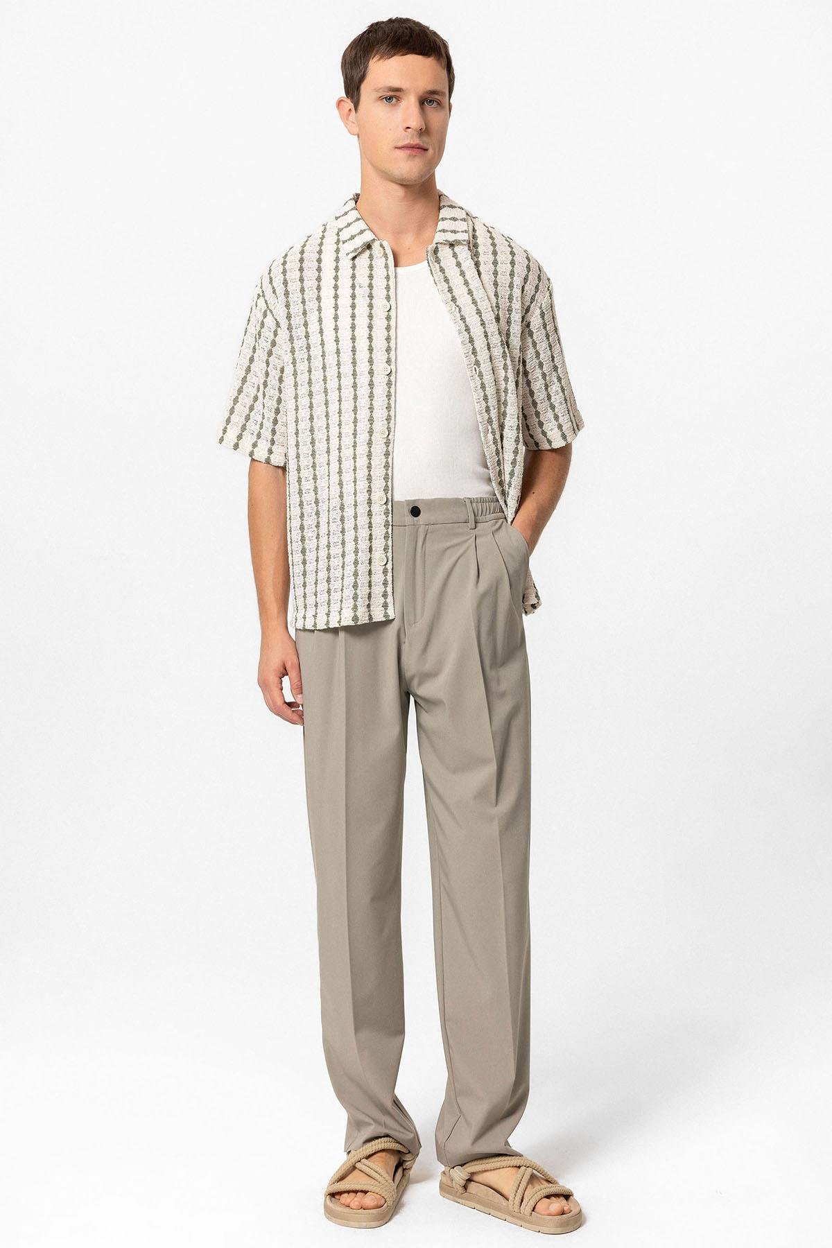 Antioch Haki Çizgili Örme Kısa Kollu Erkek Gömlek