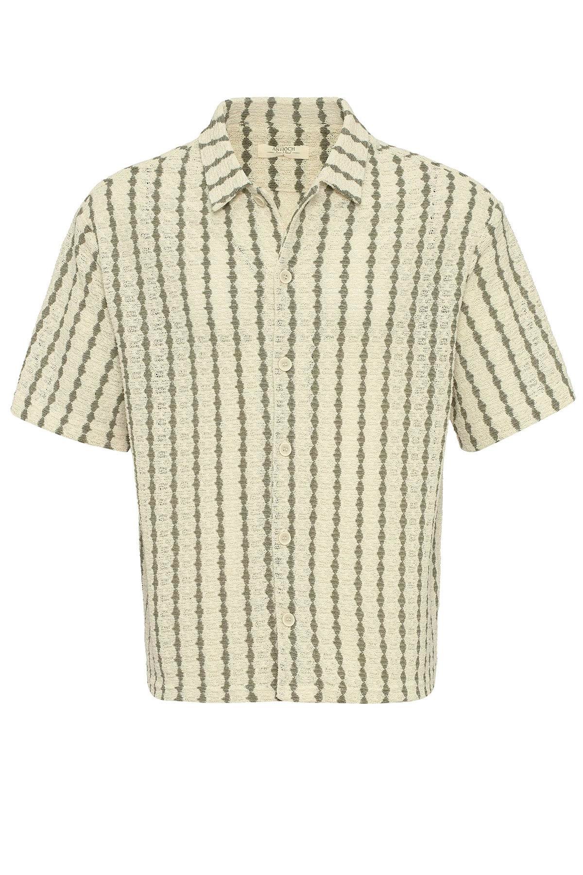 Antioch Haki Çizgili Örme Kısa Kollu Erkek Gömlek
