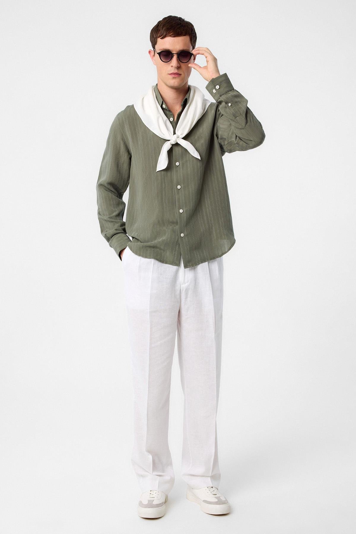 Antioch Haki Çizgili ve Dokulu Erkek Gömlek