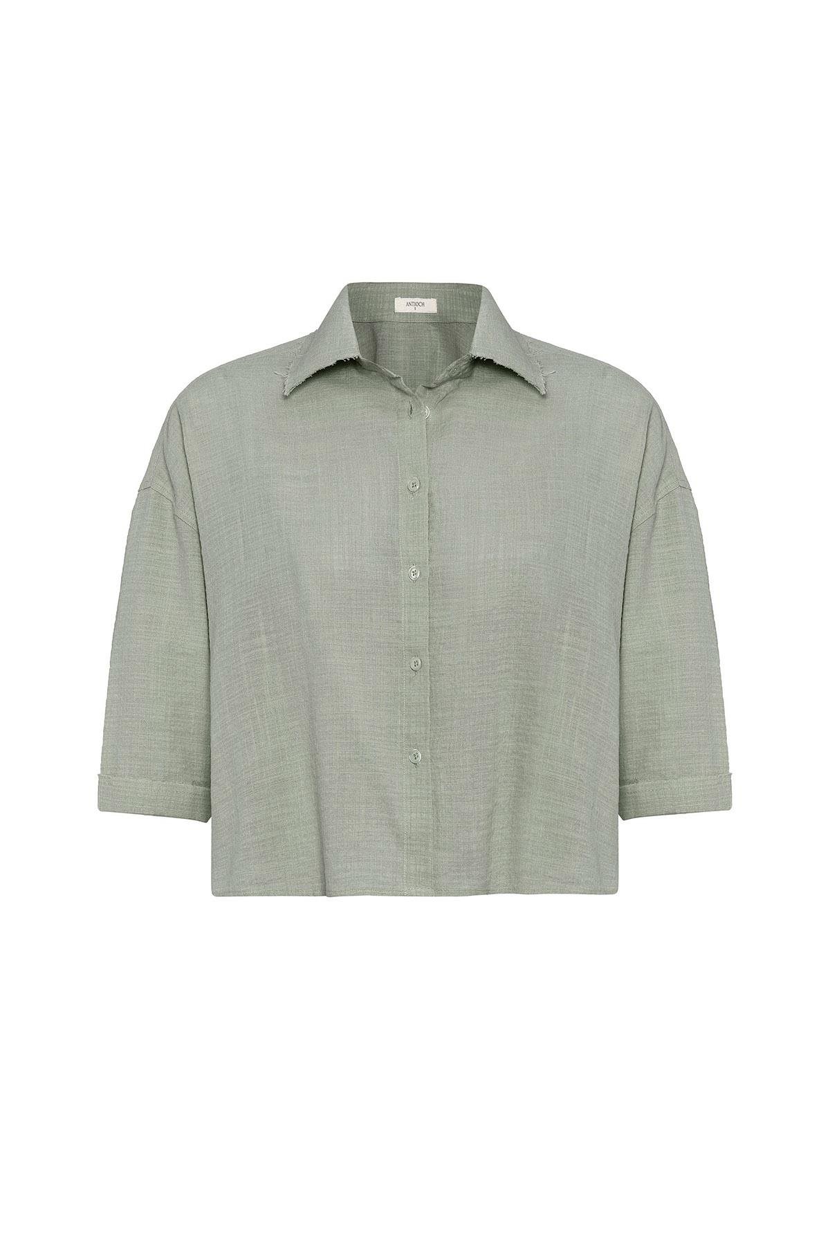 Antioch Haki Crop Dokulu Kadın Gömlek