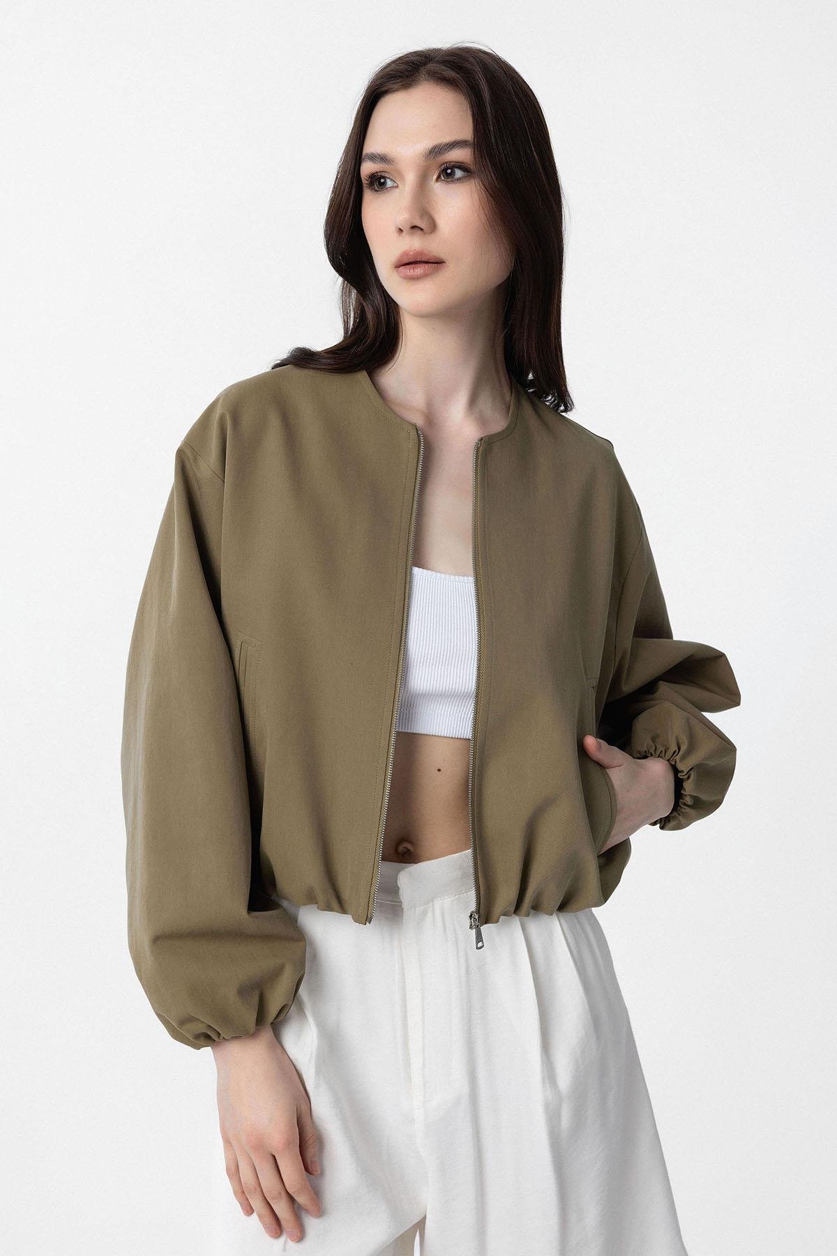 Antioch Haki Crop Kadın Bomber Mont