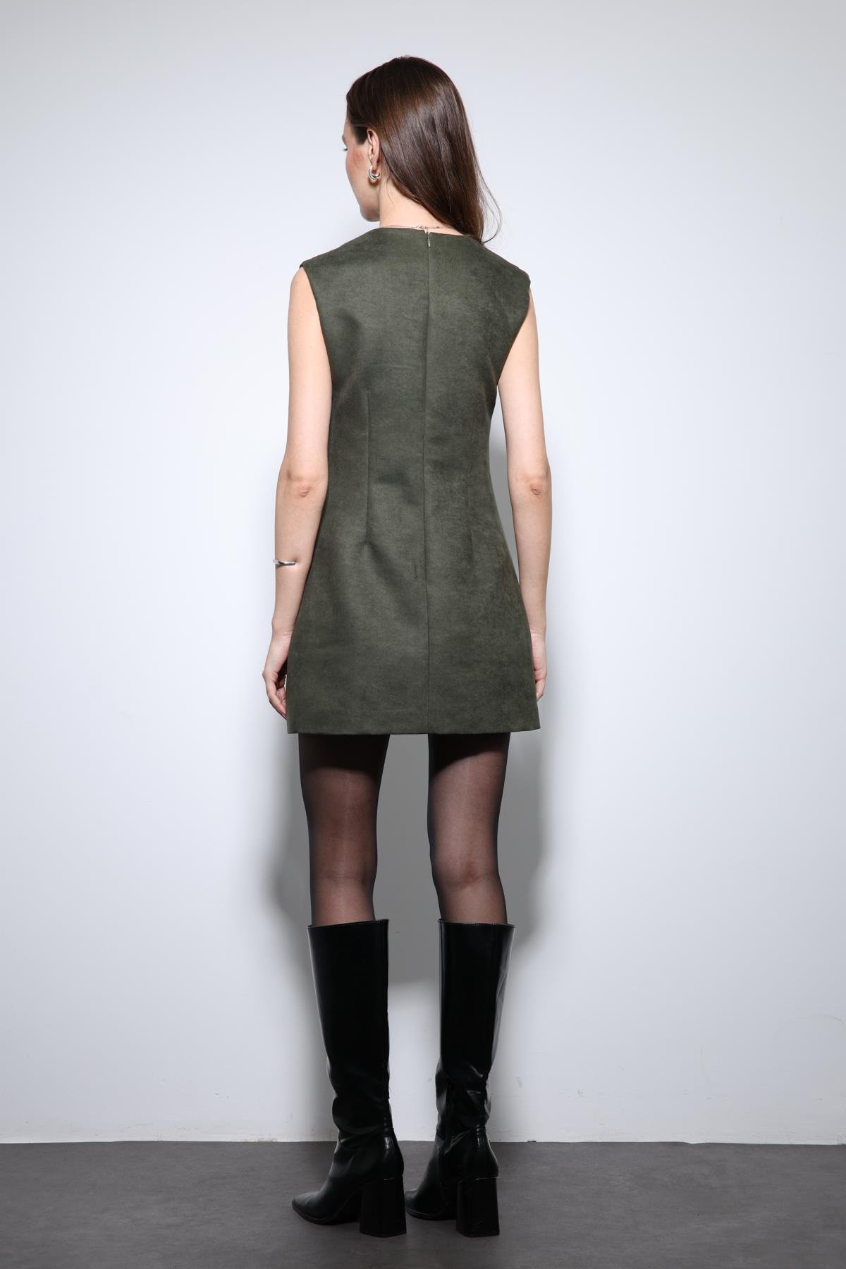 Antioch Haki Dekolteli Kısa Elbise