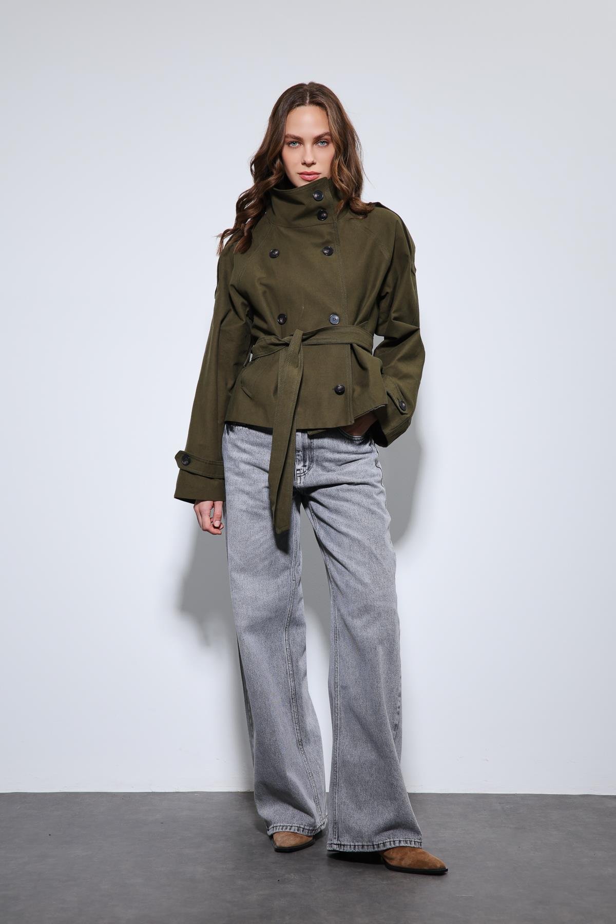 Antioch Haki Dik Yaka Kruvaze Trençkot