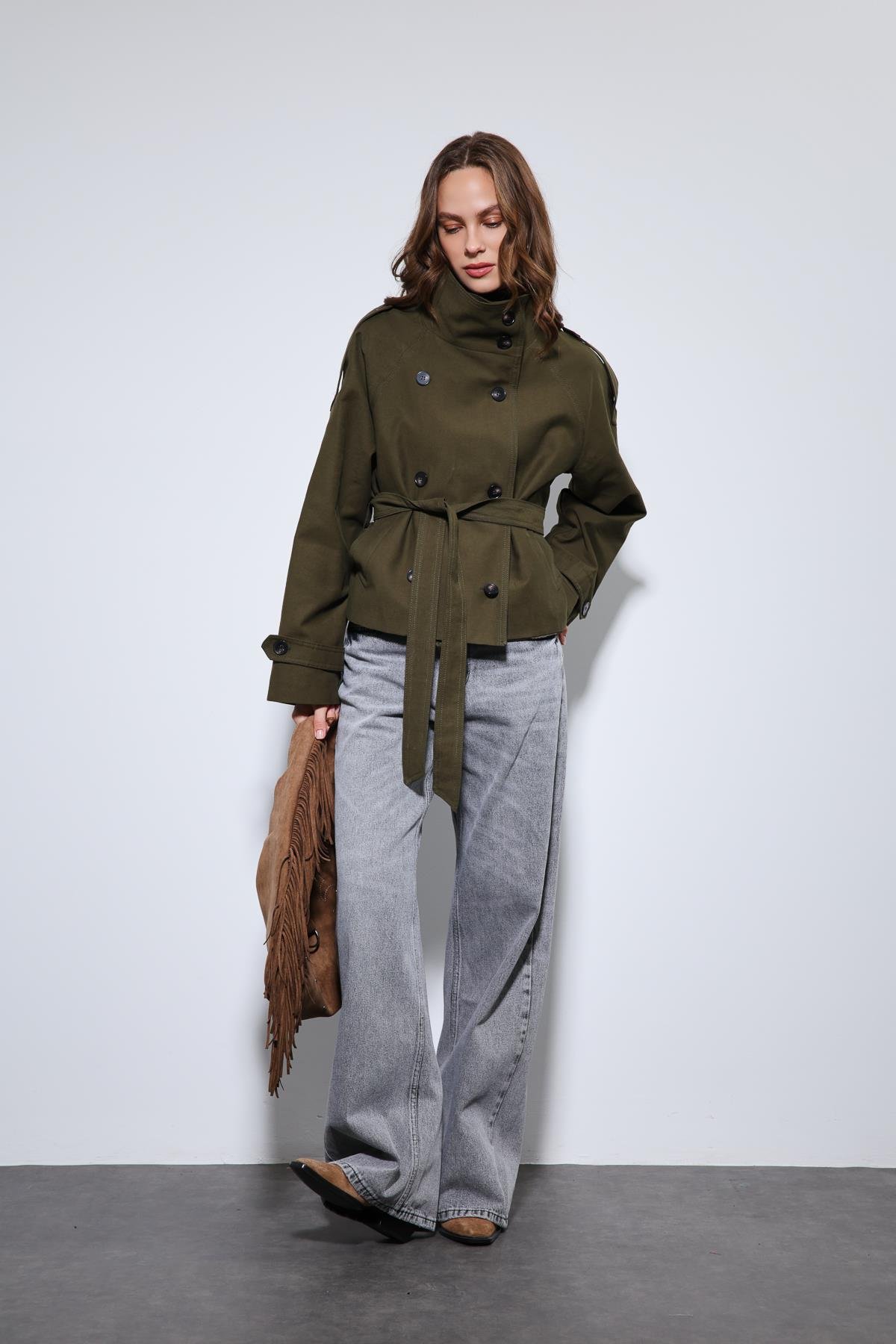 Antioch Haki Dik Yaka Kruvaze Trençkot