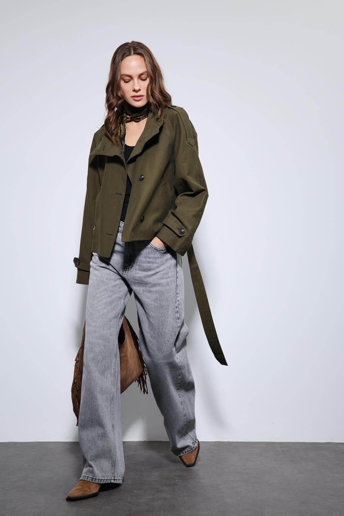 Antioch Haki Dik Yaka Kruvaze Trençkot