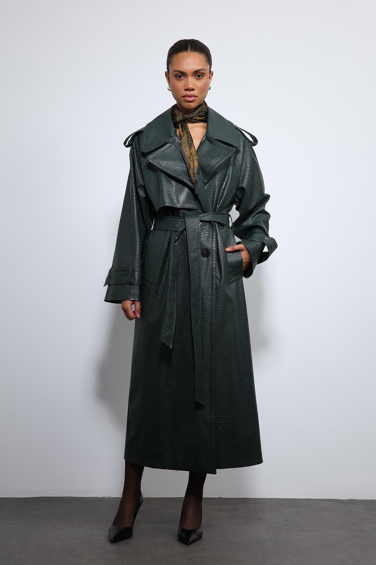 Antioch Haki Dokulu Suni Deri Trençkot