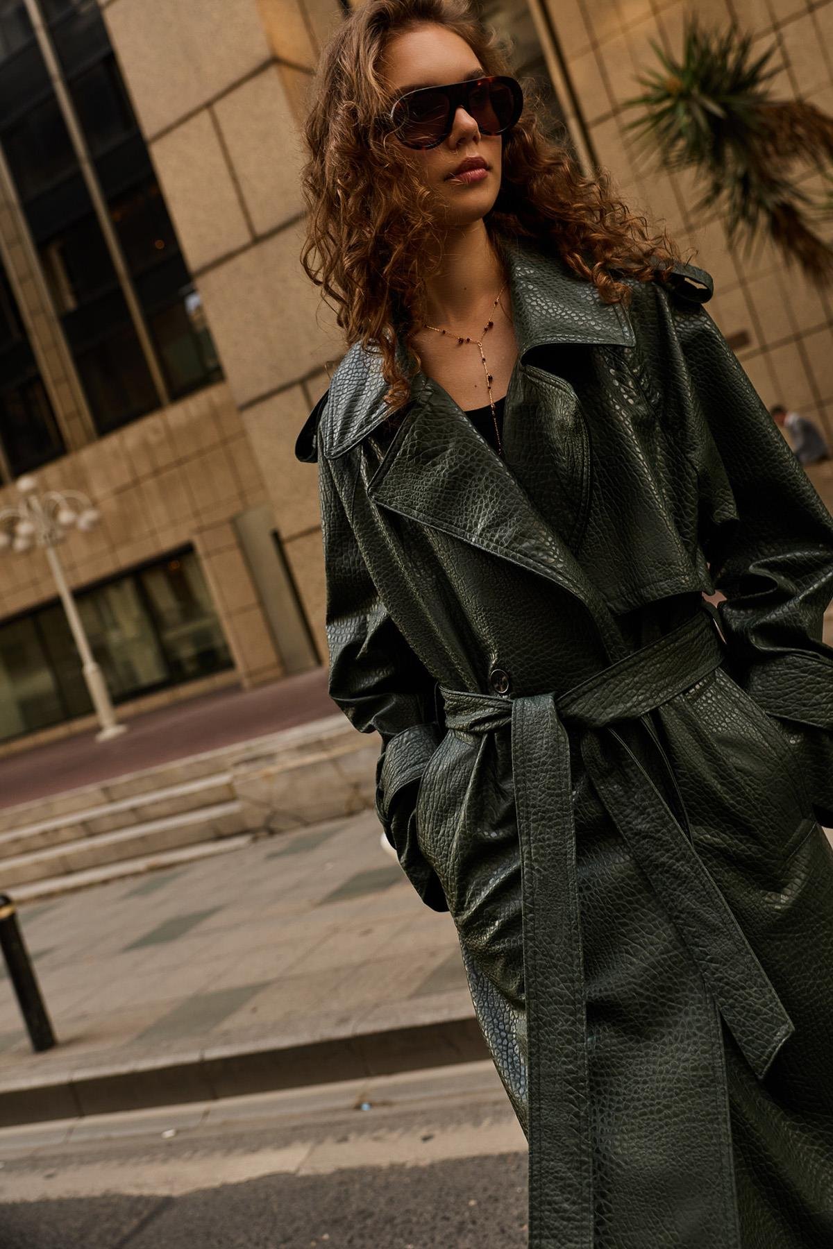 Antioch Haki Dokulu Suni Deri Trençkot