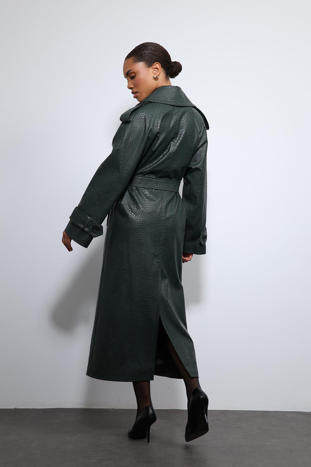 Antioch Haki Dokulu Suni Deri Trençkot