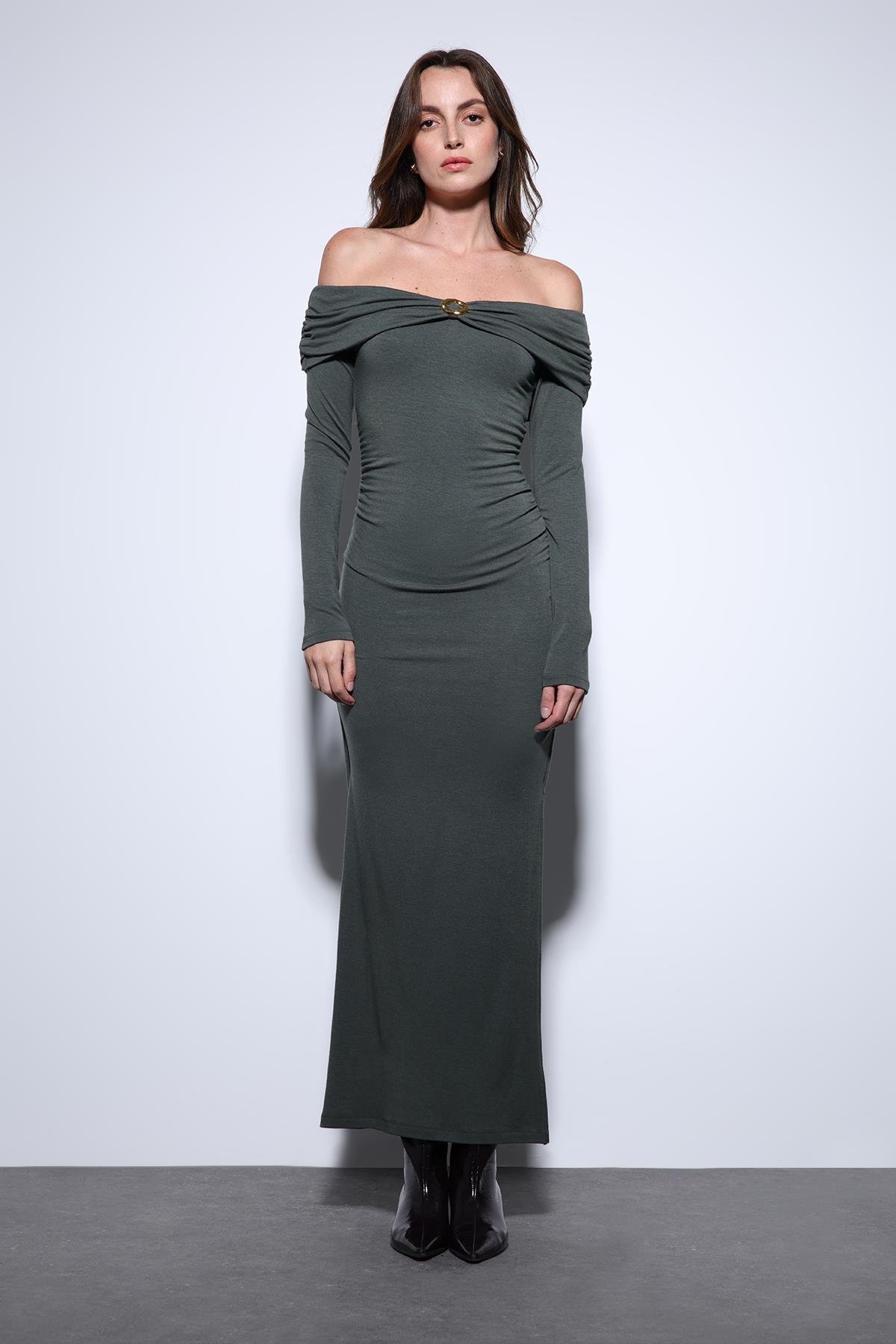 Antioch Haki Drape Detaylı Aksesuarlı Elbise