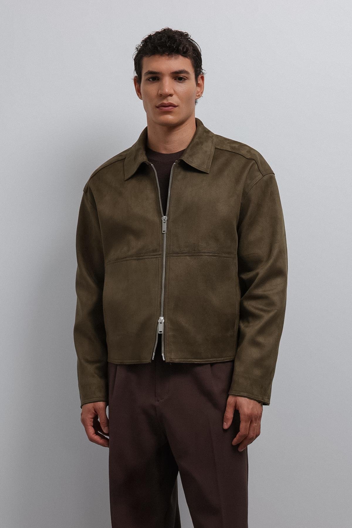 Antioch Haki Fermuarlı Suni Süet Erkek Mont