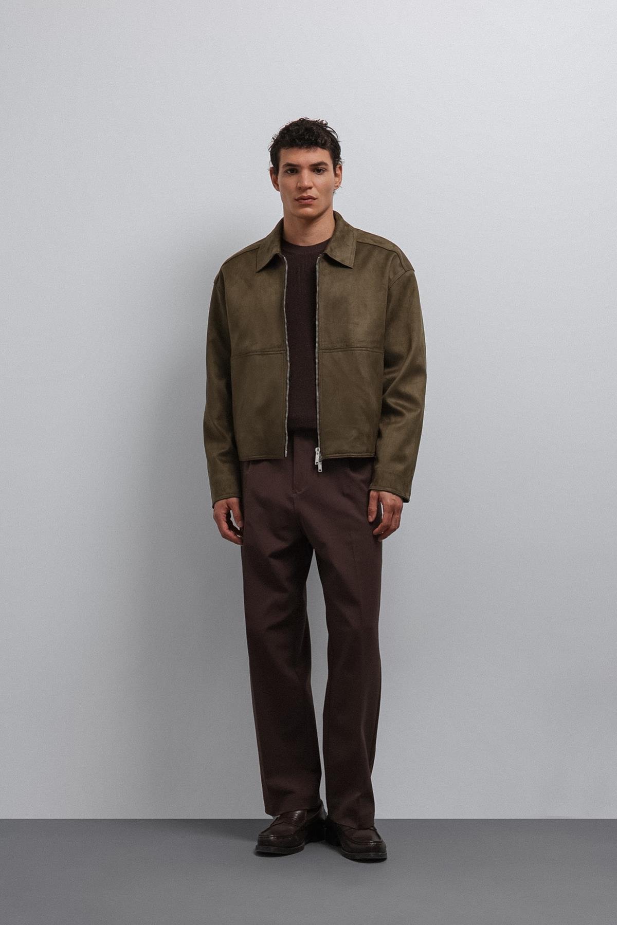 Antioch Haki Fermuarlı Suni Süet Erkek Mont