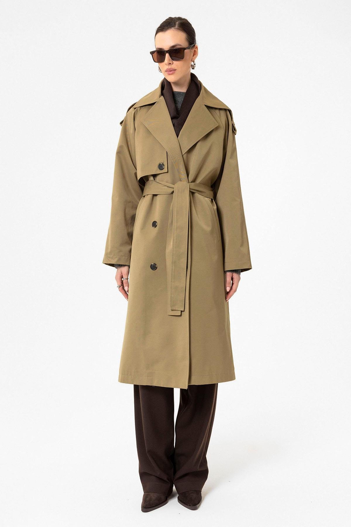 Antioch Haki Kadın Kemerli Uzun Trençkot