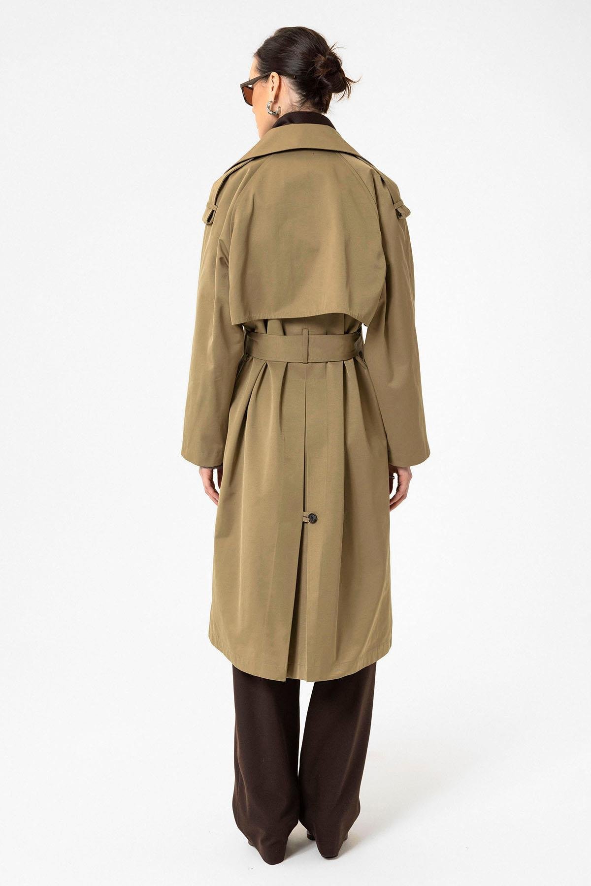Antioch Haki Kadın Kemerli Uzun Trençkot