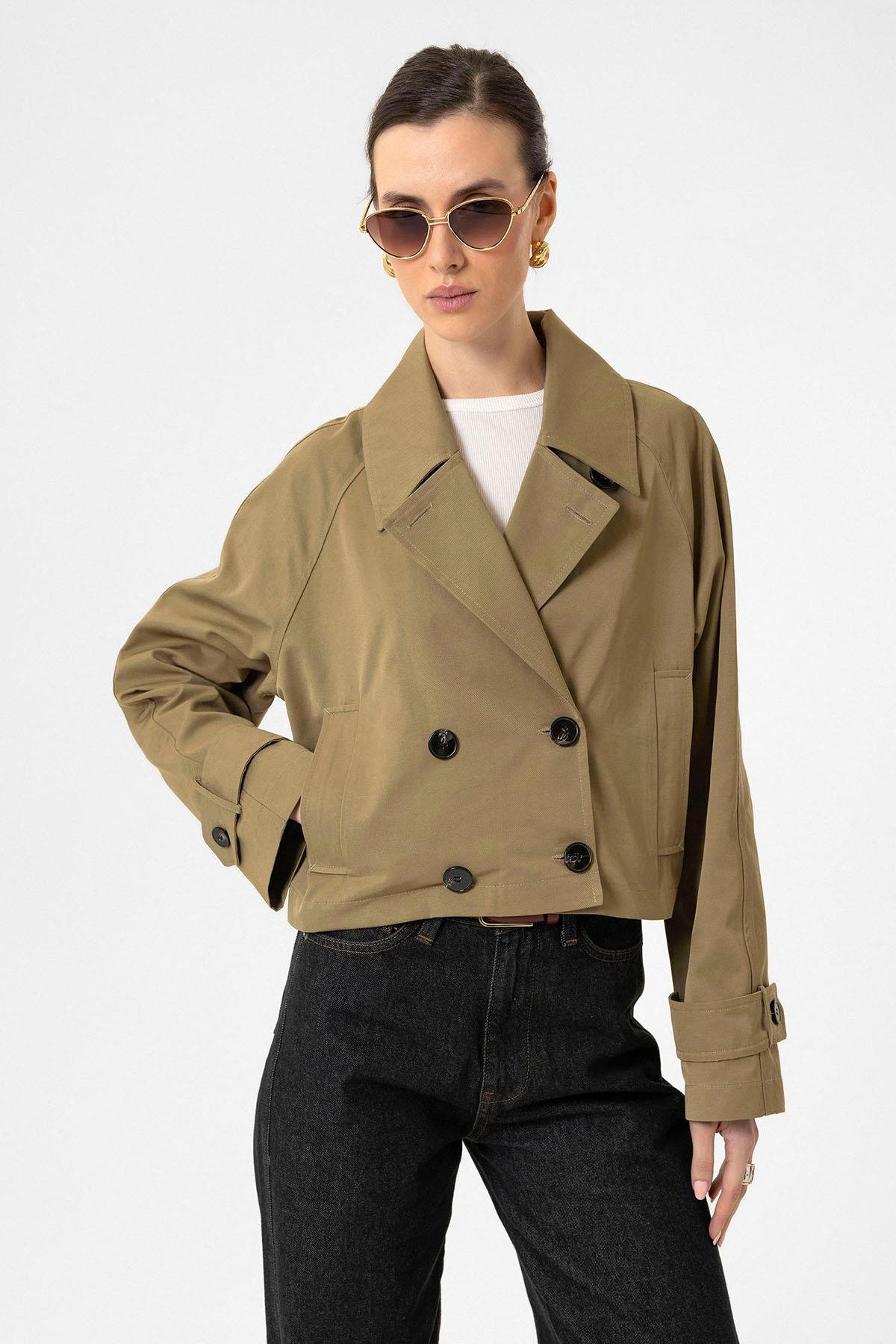 Antioch Haki Kadın Kruvaze Kısa Trençkot