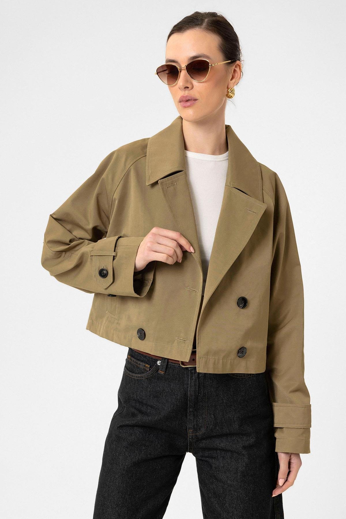 Antioch Haki Kadın Kruvaze Kısa Trençkot