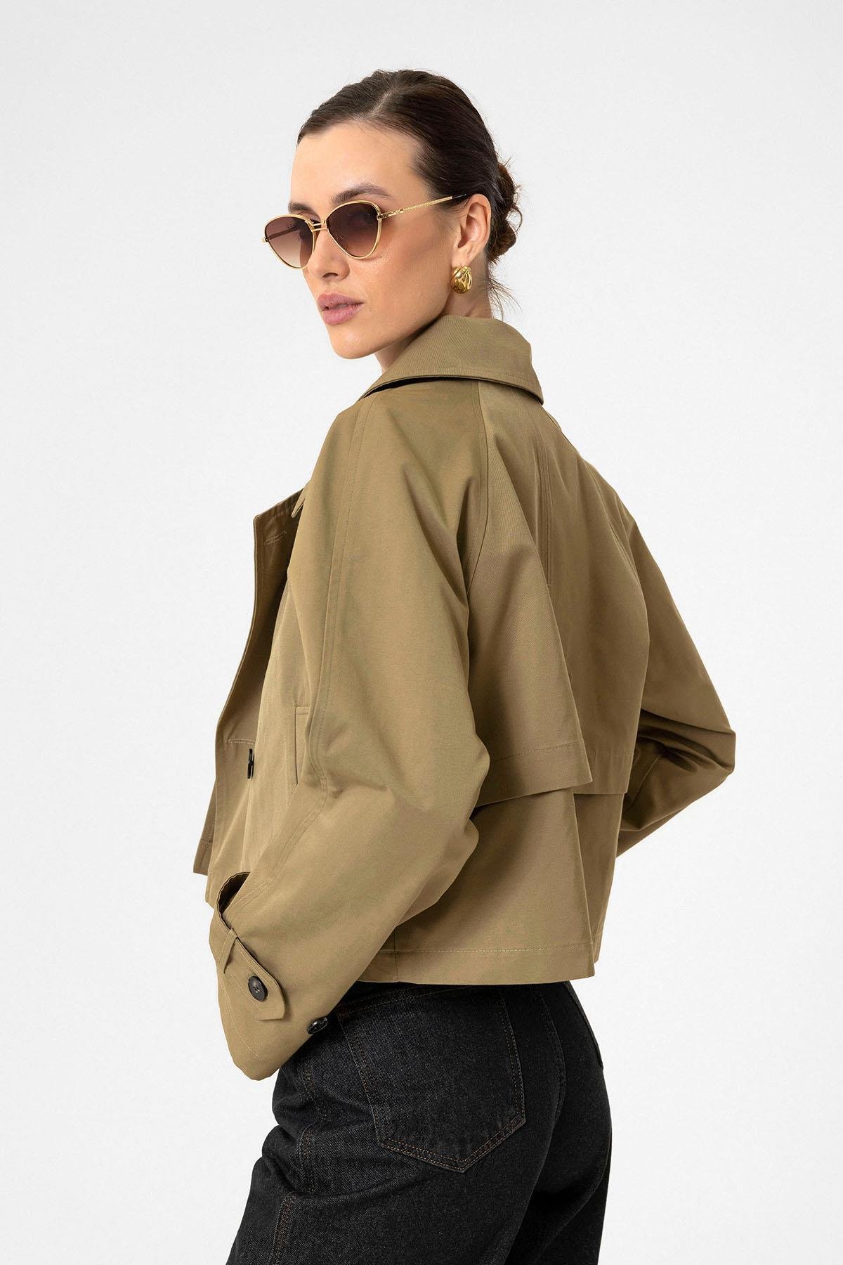 Antioch Haki Kadın Kruvaze Kısa Trençkot