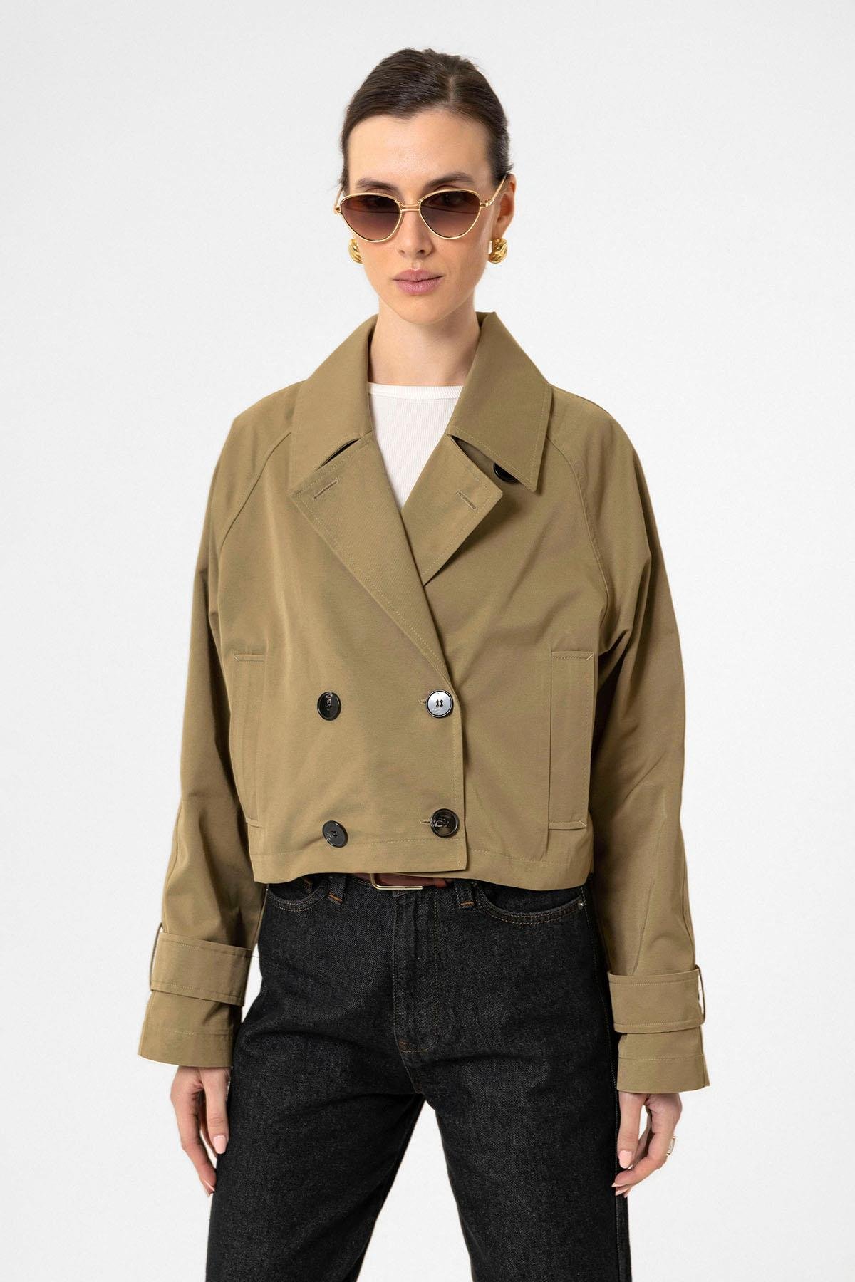 Antioch Haki Kadın Kruvaze Kısa Trençkot
