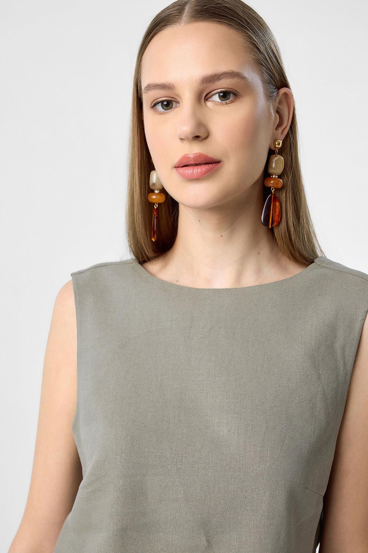 Antioch Haki Keten Karışımlı Kadın Bluz