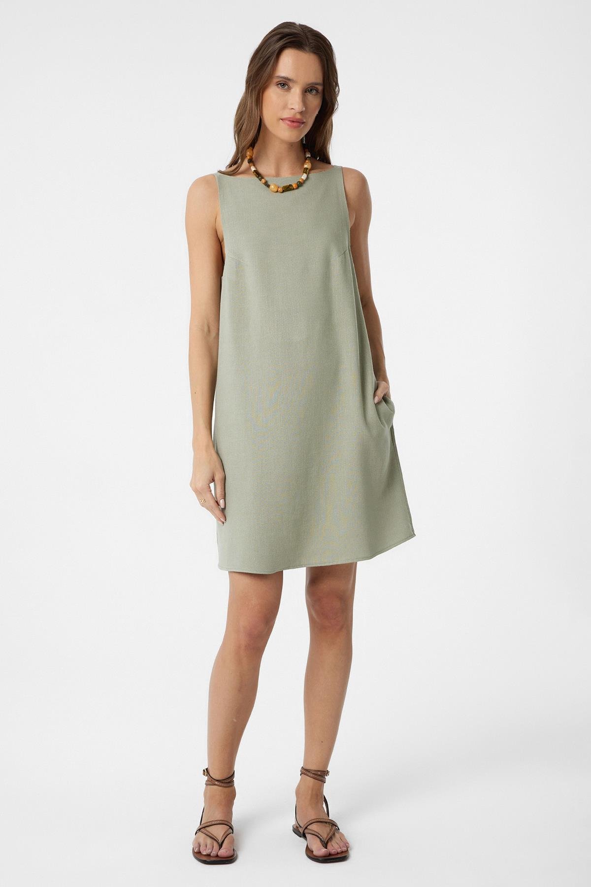 Antioch Haki Keten Karışımlı Kadın Mini Elbise
