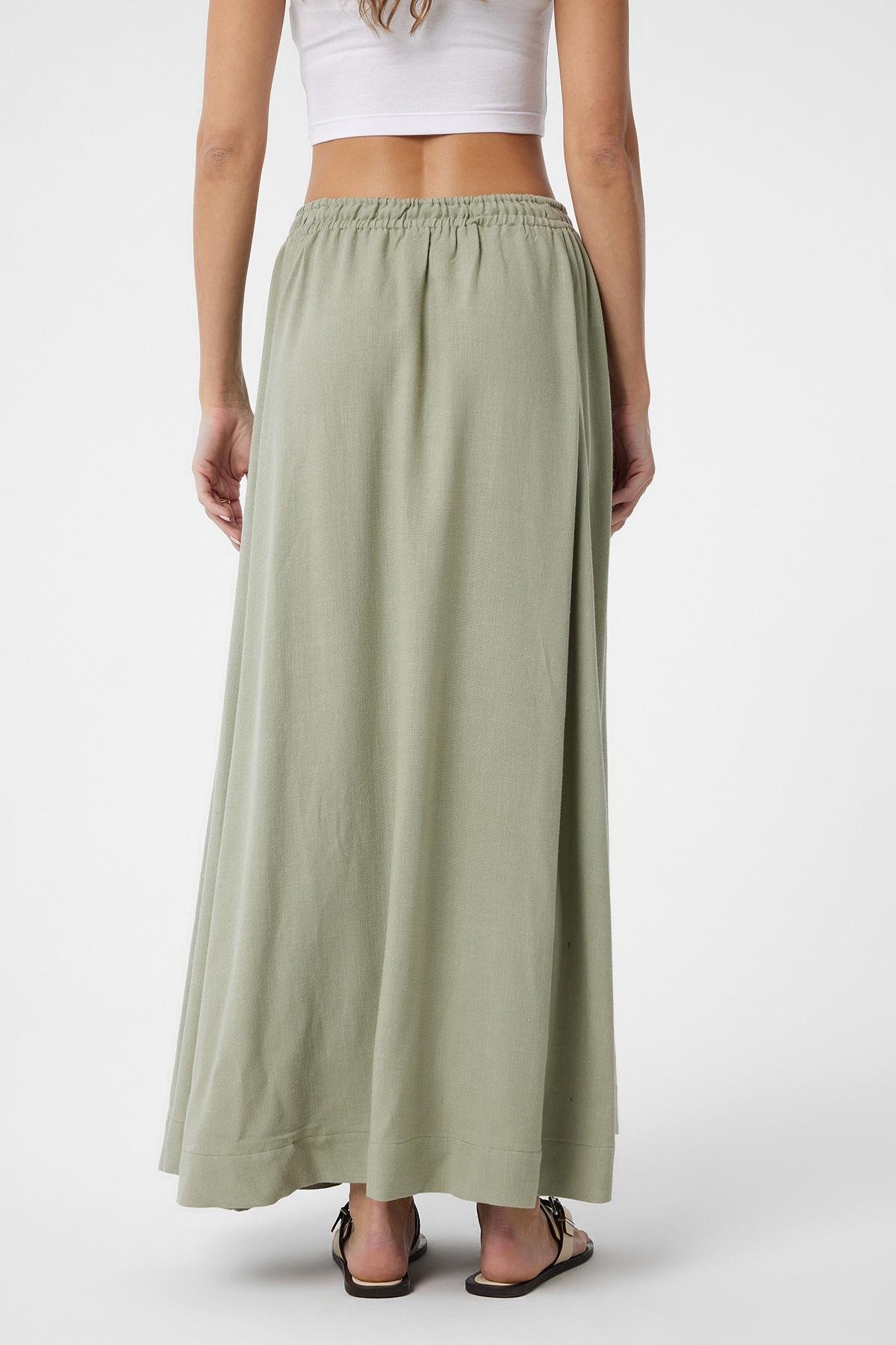 Antioch Haki Keten Karışımlı Kadın Uzun Etek