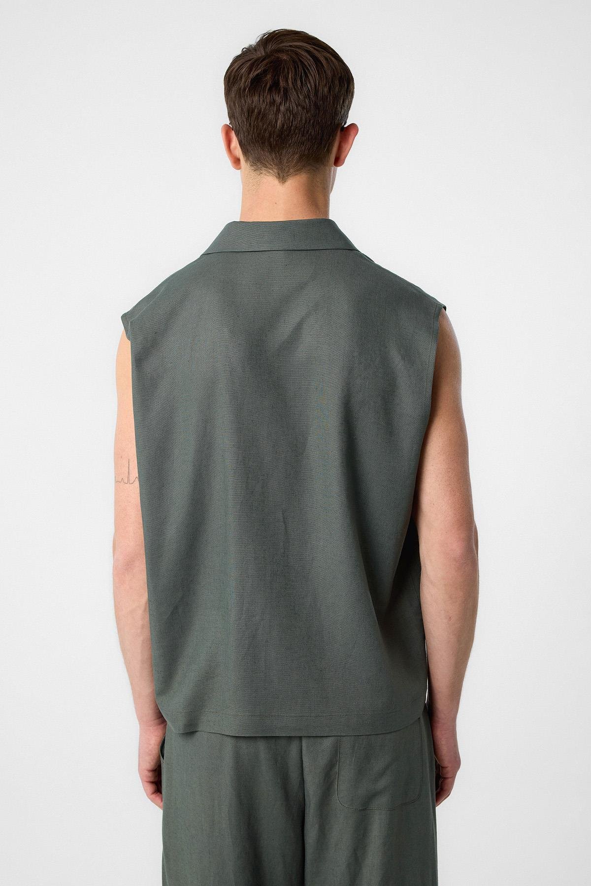 Antioch Haki Keten Karışımlı Kolsuz Erkek Gömlek